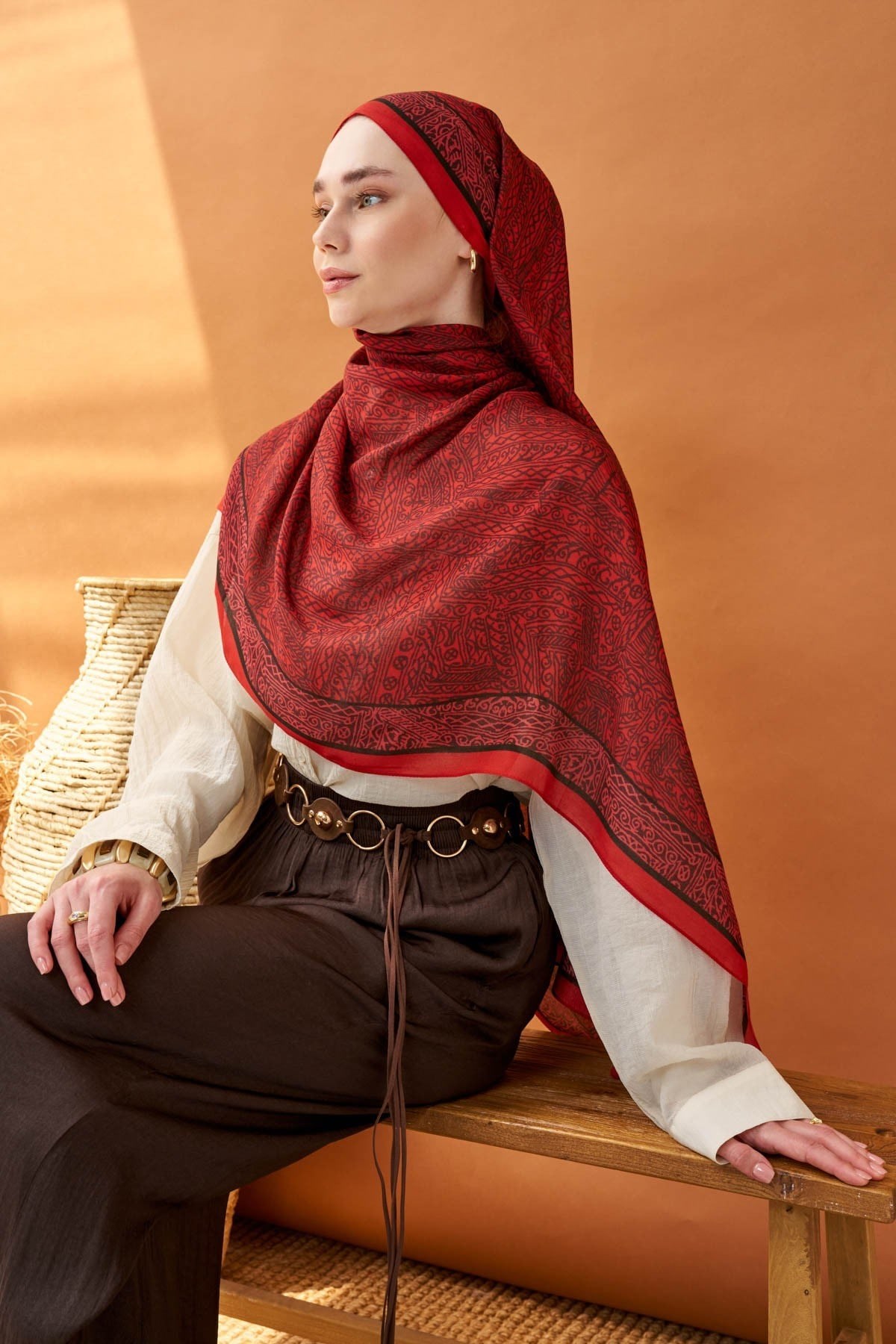 Riva Şal Tencel Güpür Desen Kırmızı