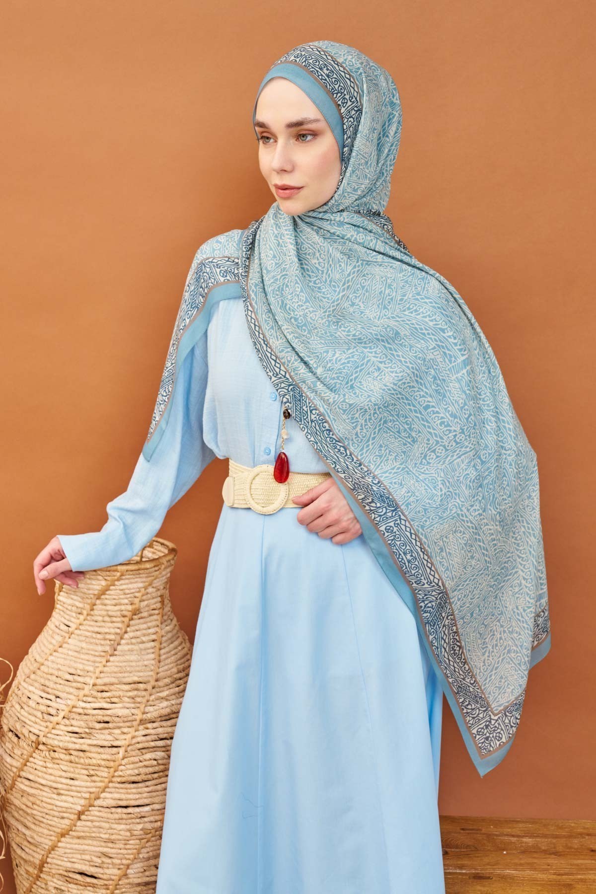 Riva Şal Tencel Güpür Desen Mavi