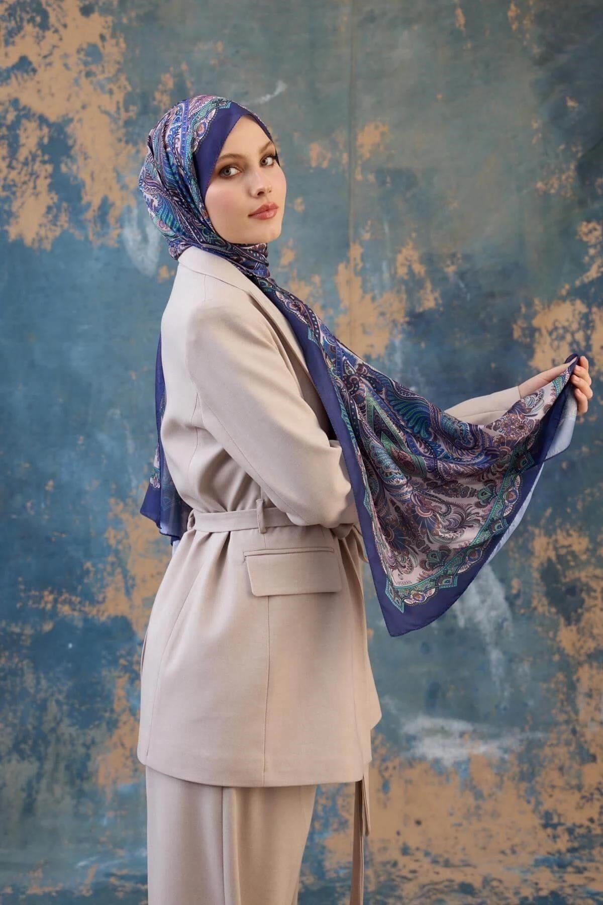Şal Desen Vual Şal Mor Mavi Vual İpek Şal - 9801-15
