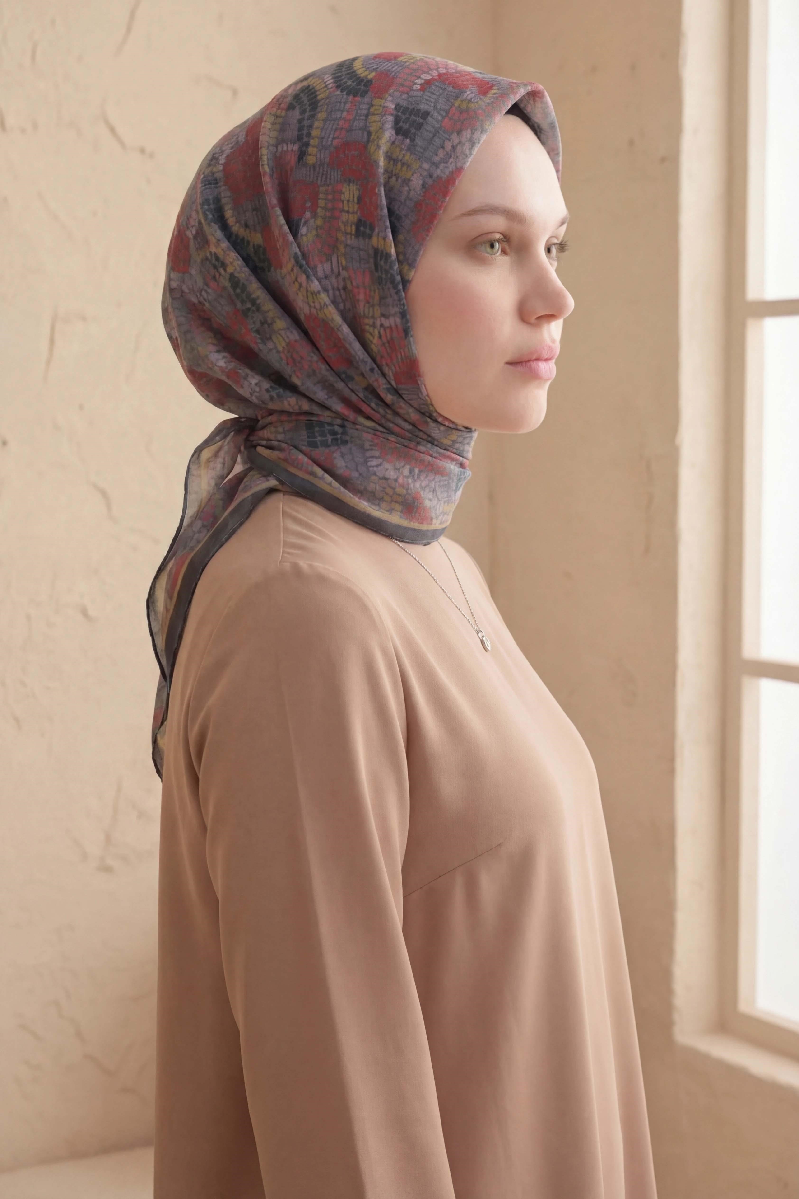 Soft Eşarp Melodi Desen Gri 90x90