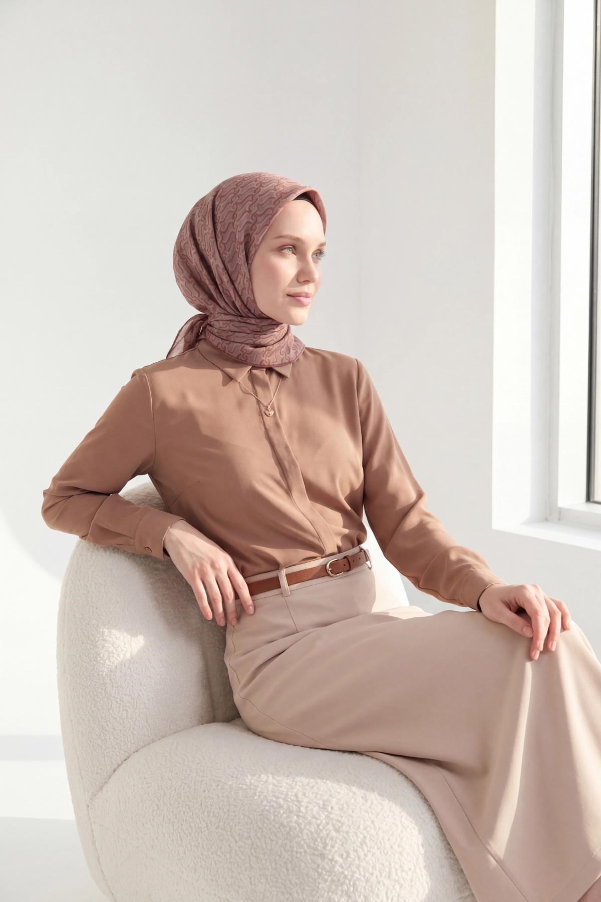 Soft Eşarp Zincir Desen Pudra Vizon 90x90