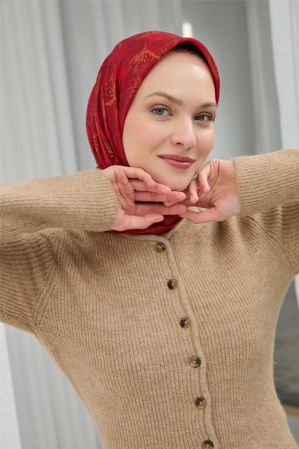 Soft Pamuk Eşarp Bordo Yaprak Desenli Hafif Tok Duruşlu 90x90