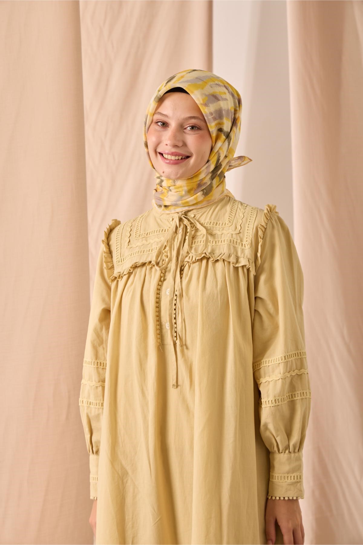 Soft Pamuk Eşarp Butter Yellow Sarı Desenli 90x90