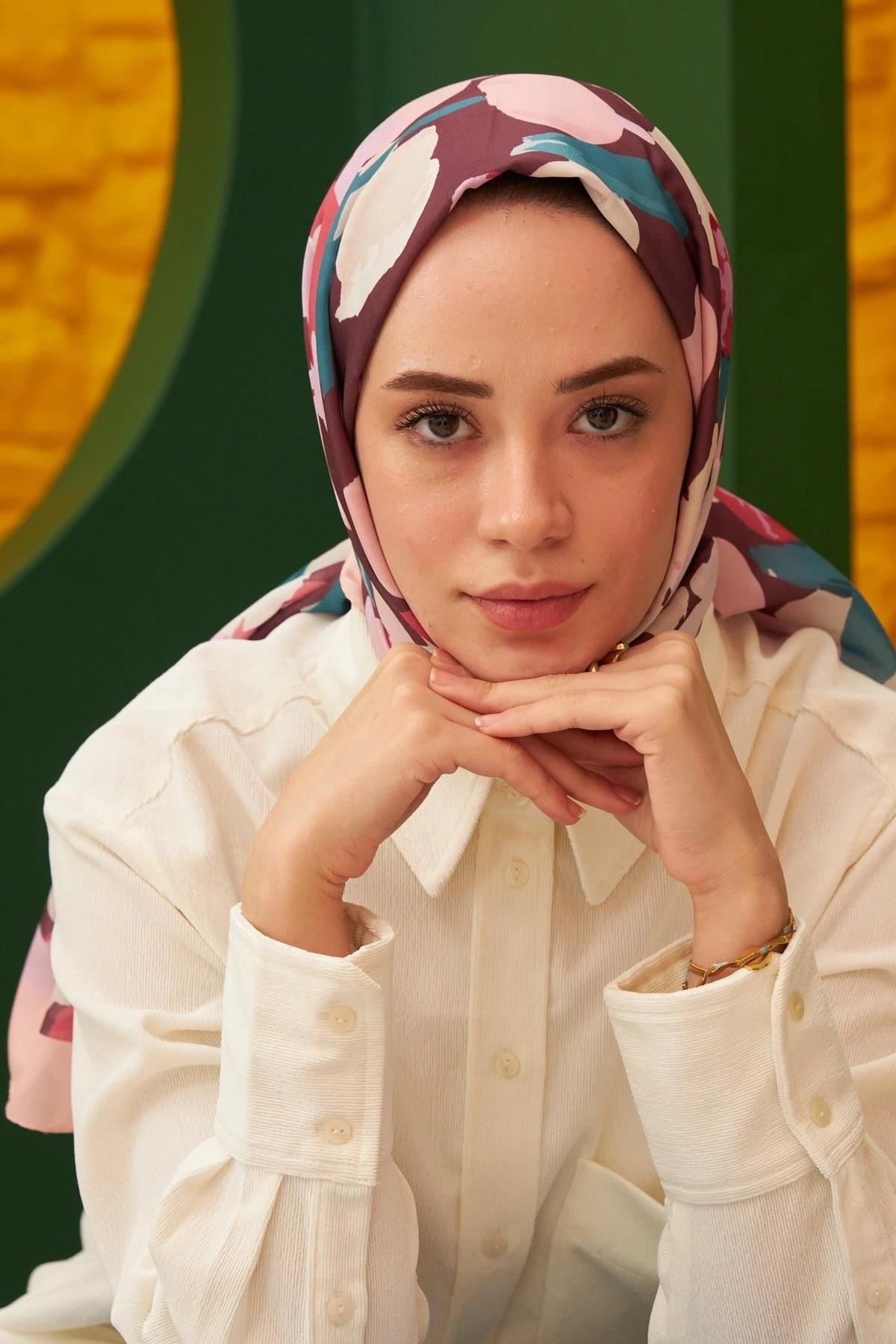 Sulu Boya Desenli Pamuk Şal Bordo