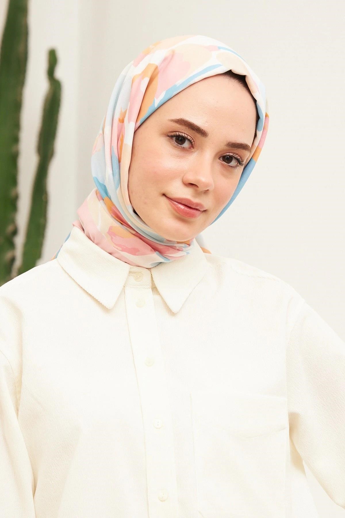 Sulu Boya Desenli Pamuk Şal Toz Pembe