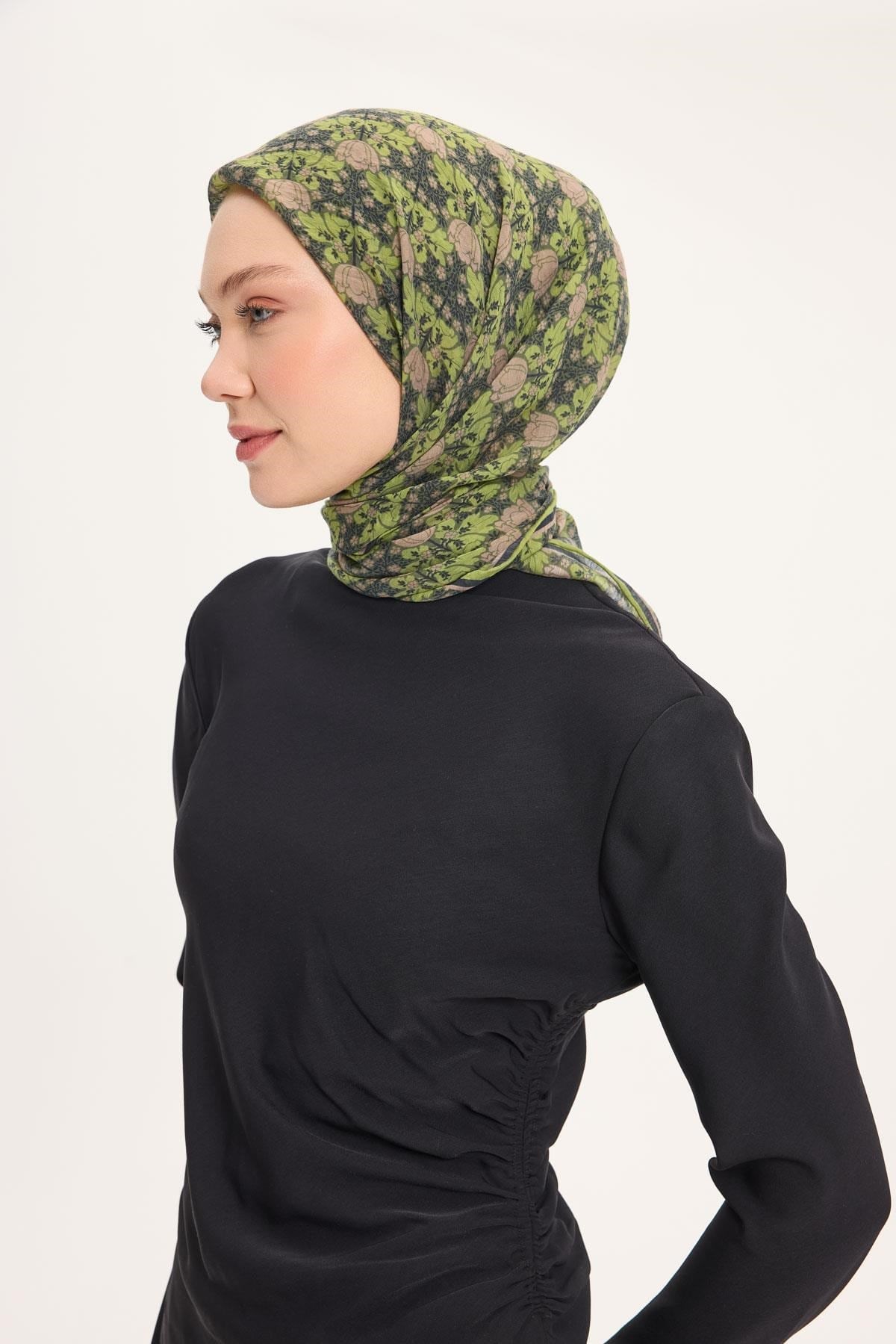 Tencel Monare Eşarp Bahar Desen Açık Yeşil 90X90