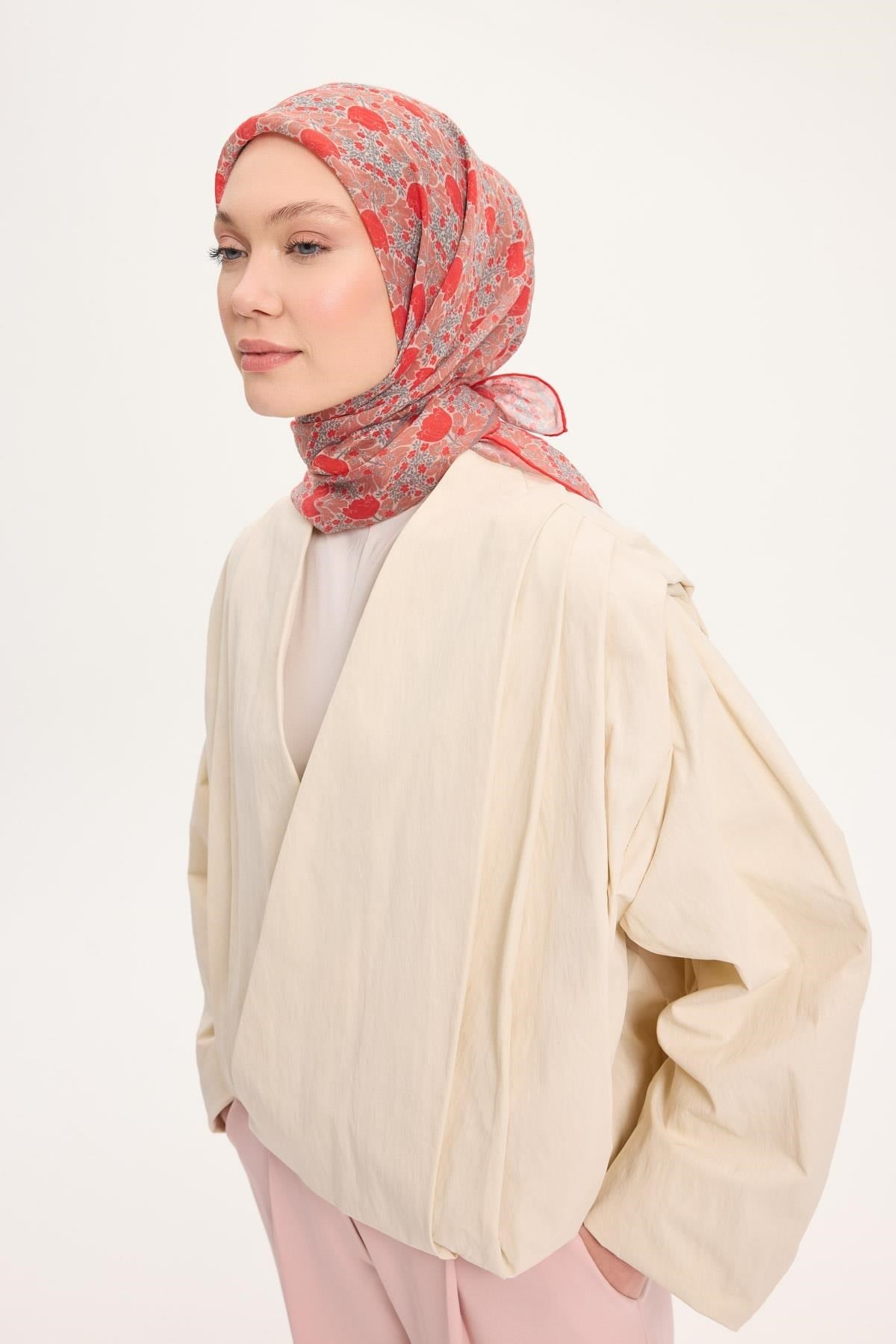 Tencel Monare Eşarp Bahar Desen Canlı Kırmızı 90X90