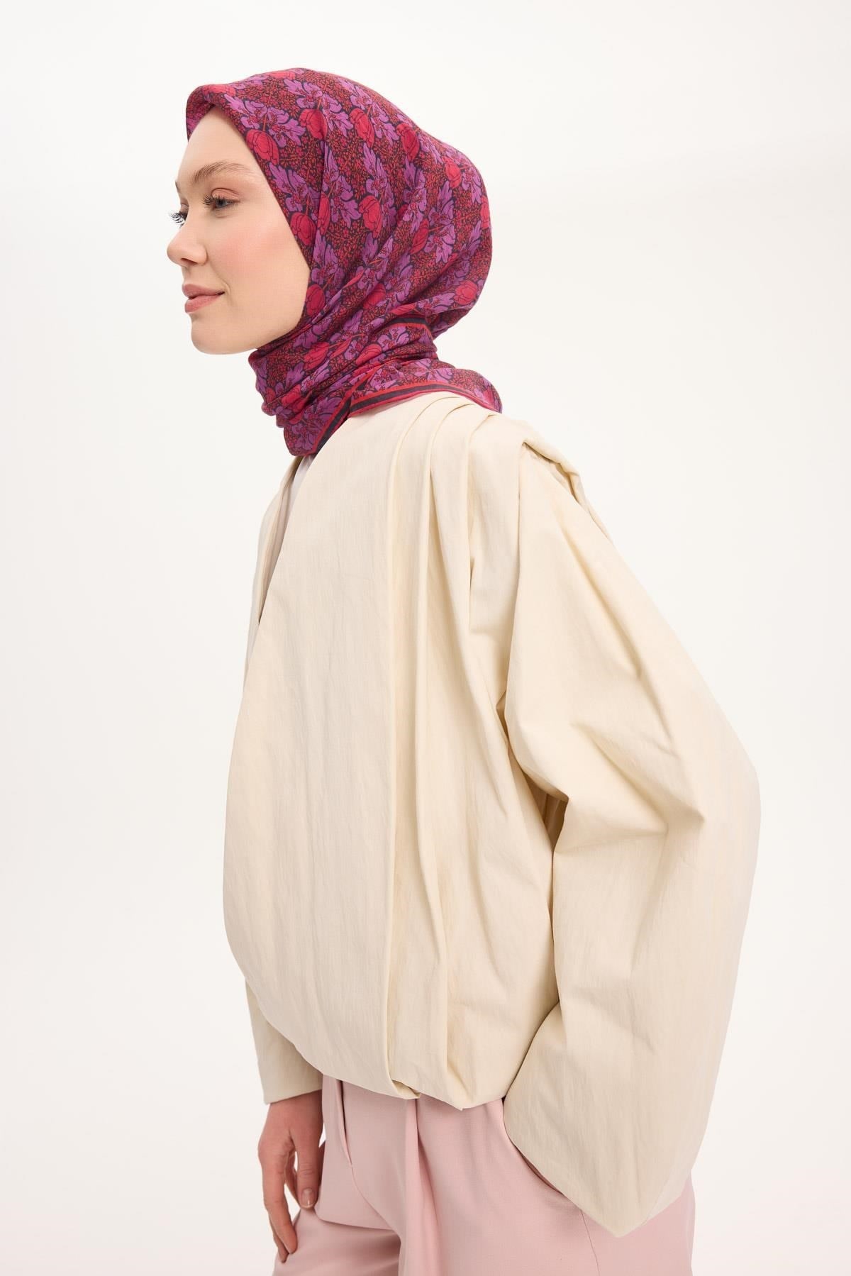 Tencel Monare Eşarp Bahar Desen Kırmızı Mor 90X90