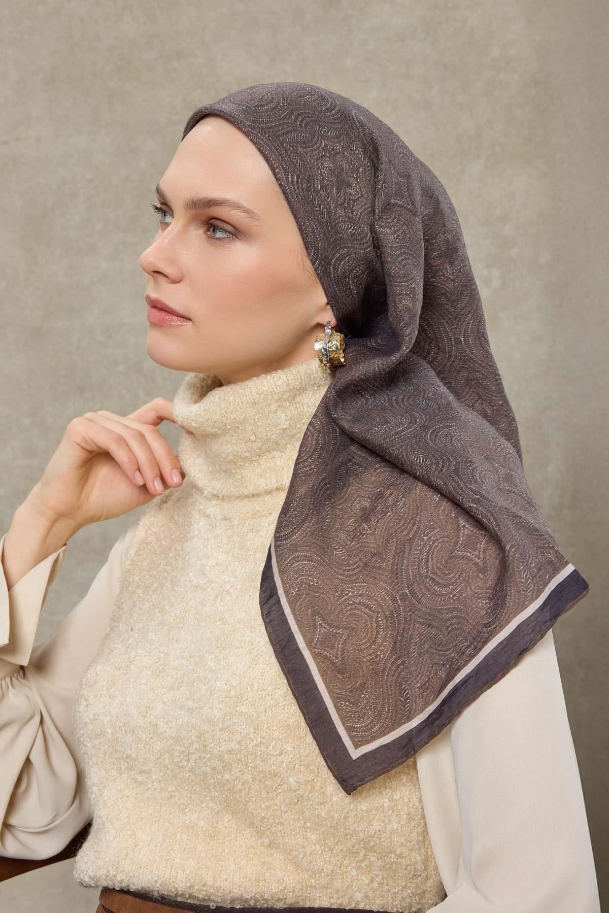 Tencel Monare Eşarp Etnik Desen Koyu Lacivert 90X90