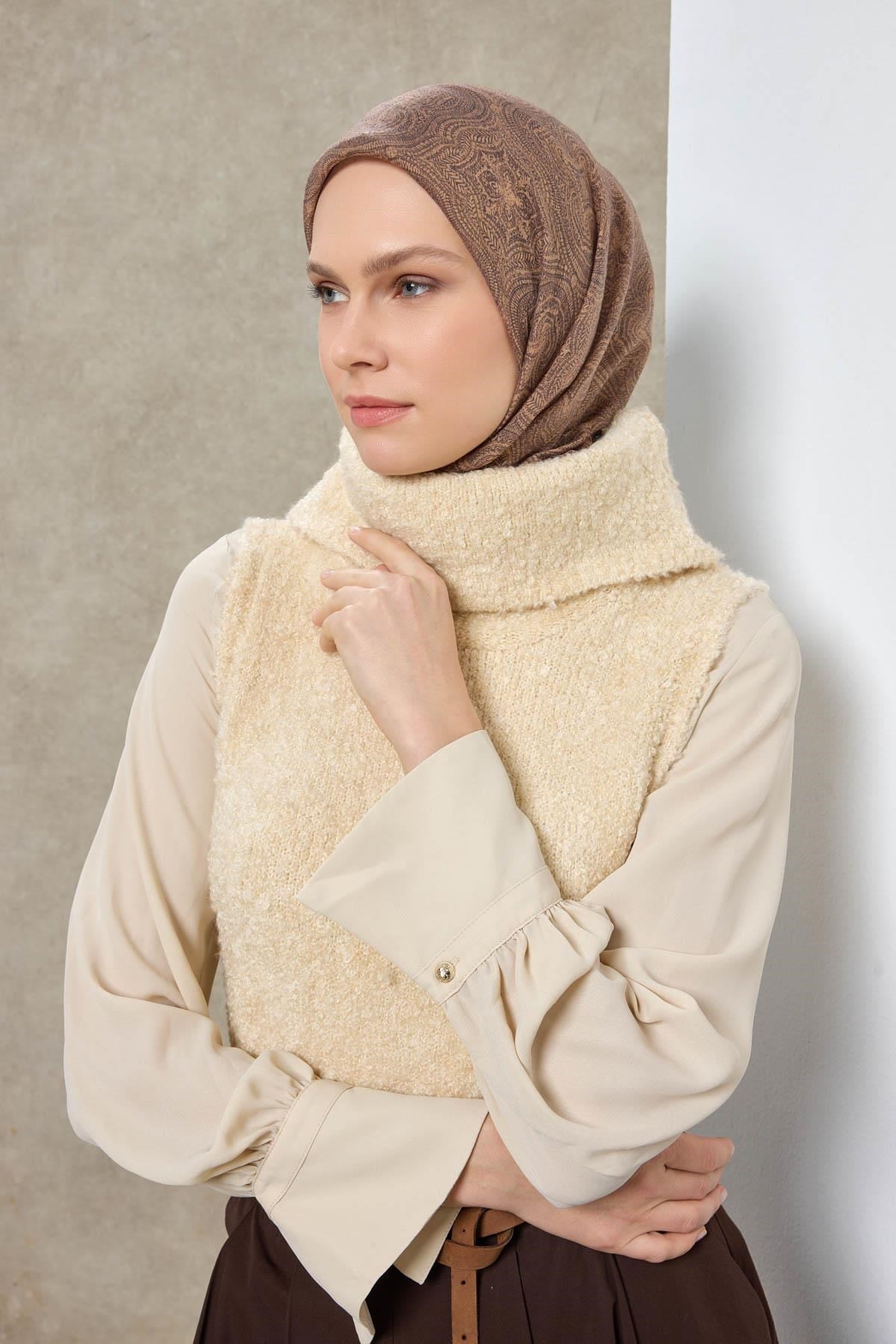 Tencel Monare Eşarp Etnik Desen Pudra Vizon 90X90