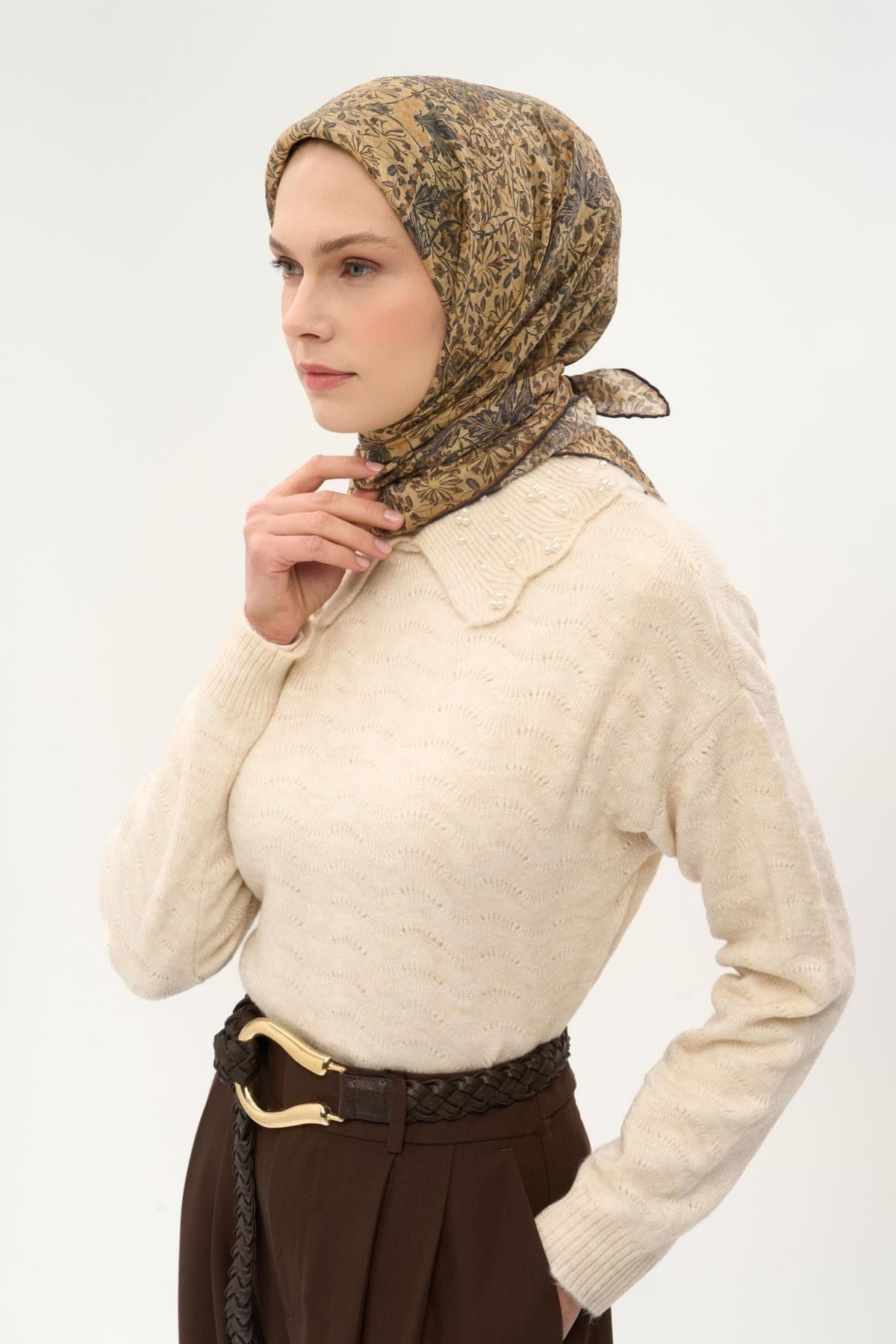 Tencel Monare Eşarp Floral Desen Açık Gold 90X90