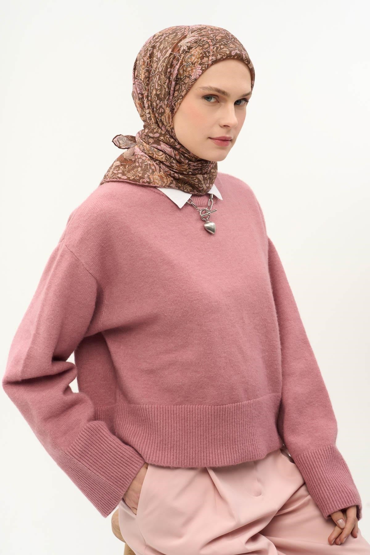 Tencel Monare Eşarp Floral Desen Çikolata Kahve 90X90