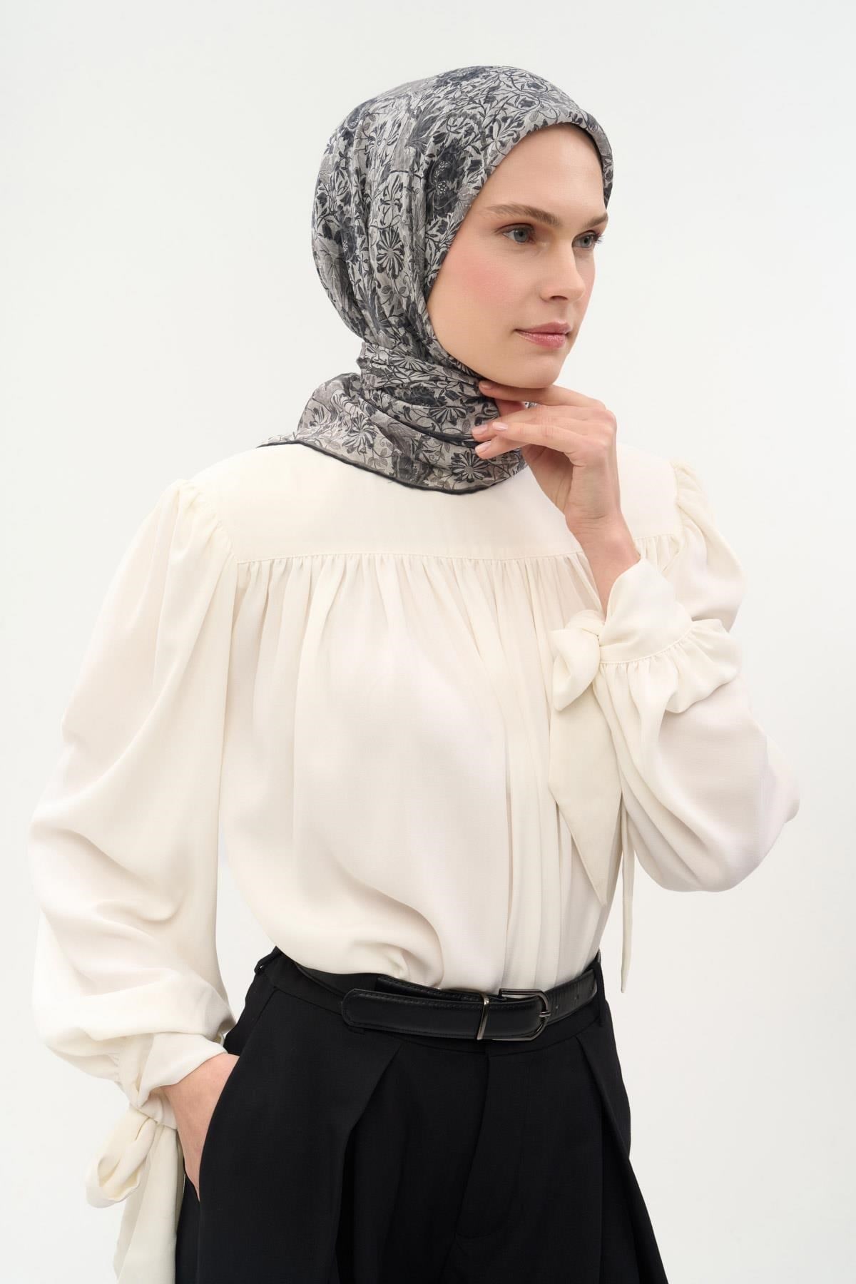 Tencel Monare Eşarp Floral Desen Gri 90X90