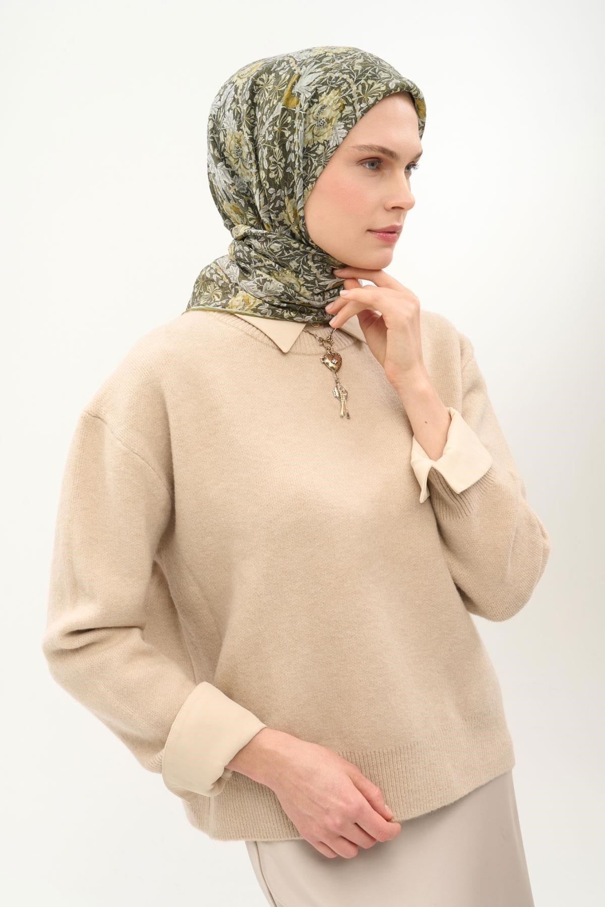 Tencel Monare Eşarp Floral Desen Haki 90X90