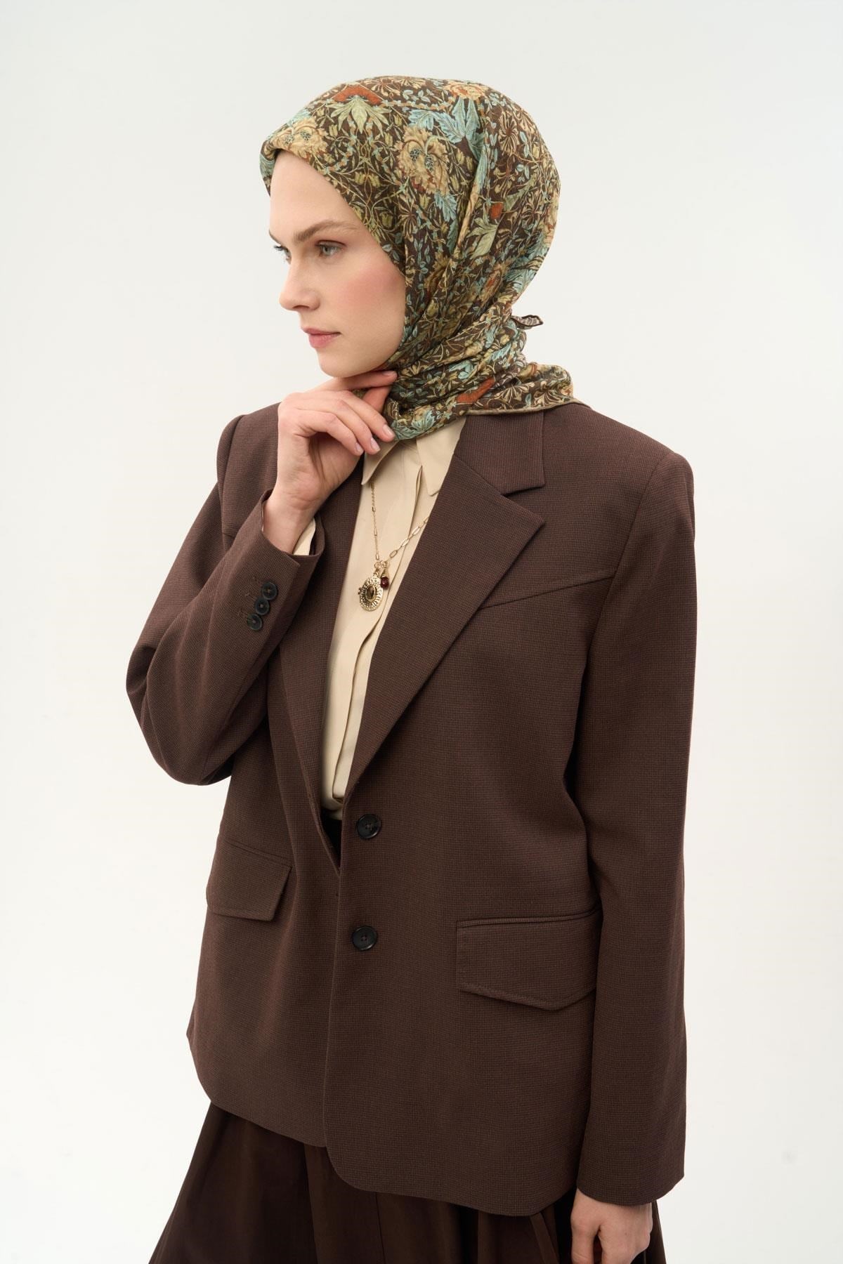 Tencel Monare Eşarp Floral Desen Kahverengi 90X90