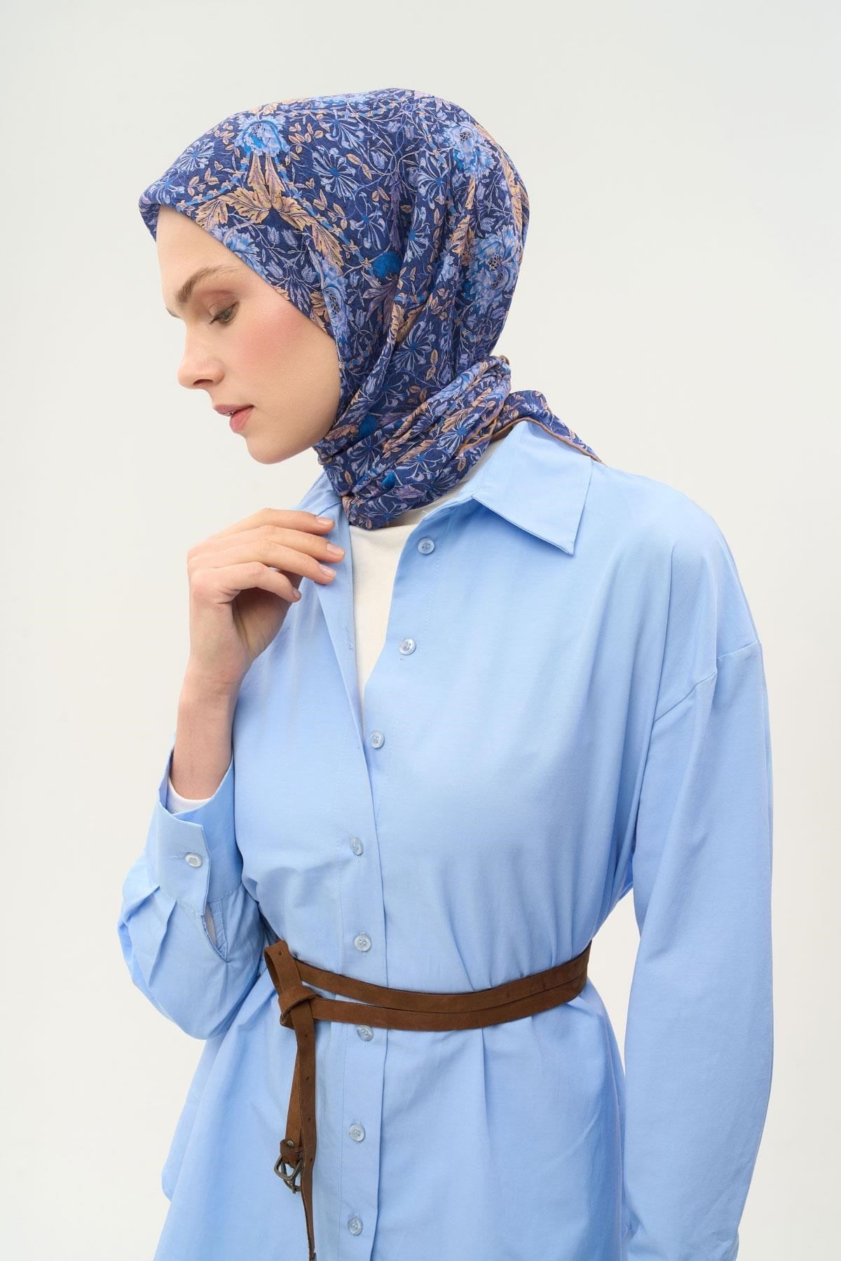 Tencel Monare Eşarp Floral Desen Koyu Mavi 90X90