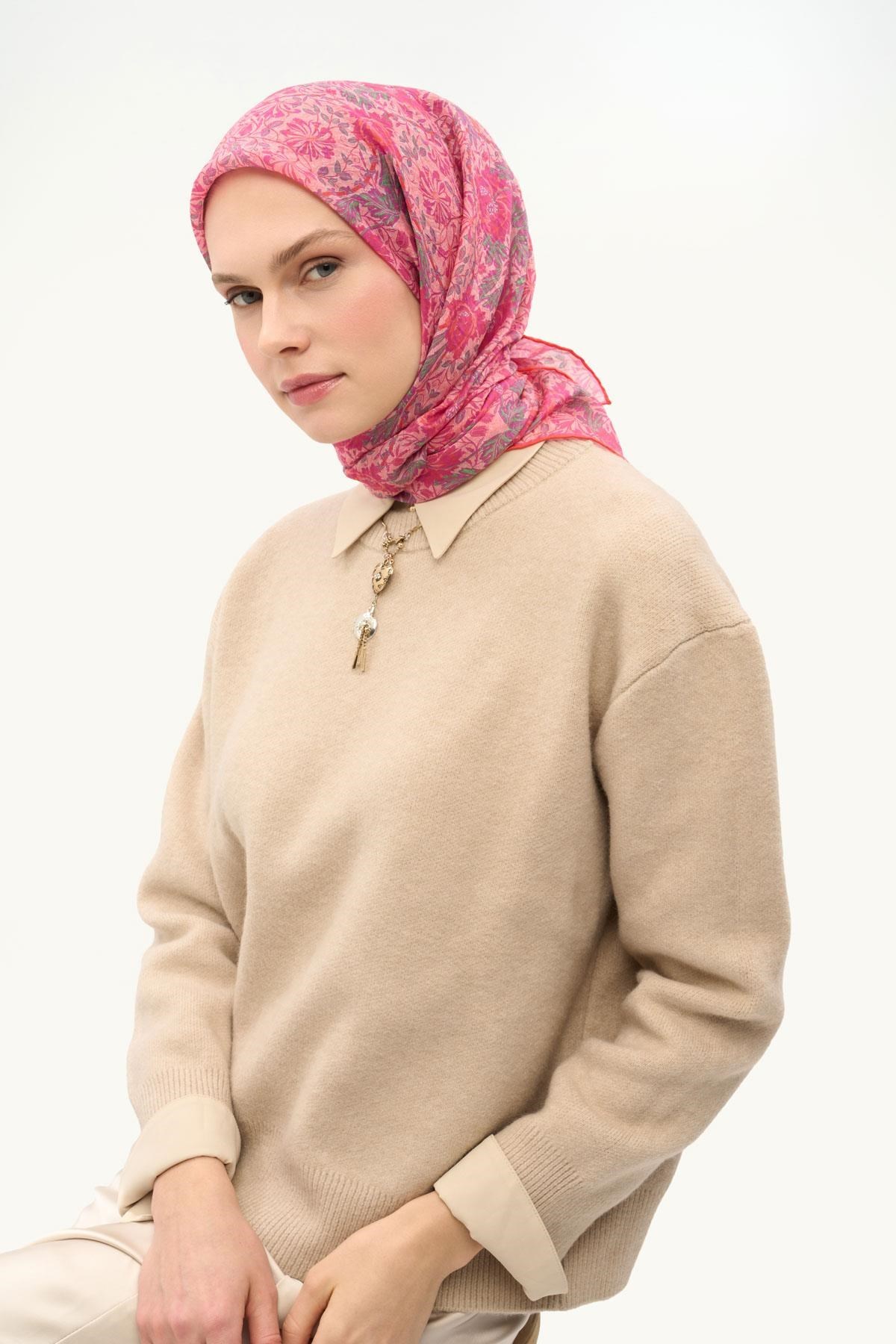 Tencel Monare Eşarp Floral Desen Tozpembe 90X90