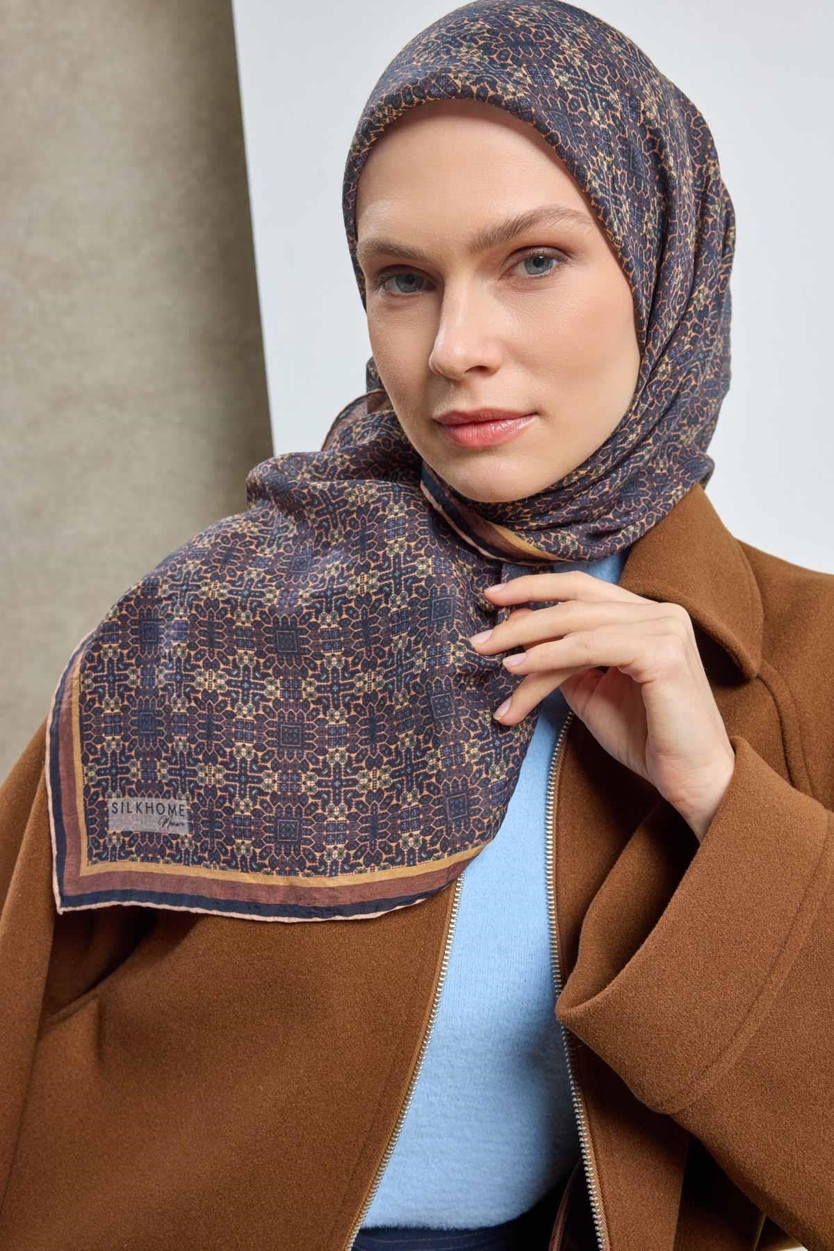 Tencel Monare Eşarp Geometrik Motif Desen Lacivert 90X90