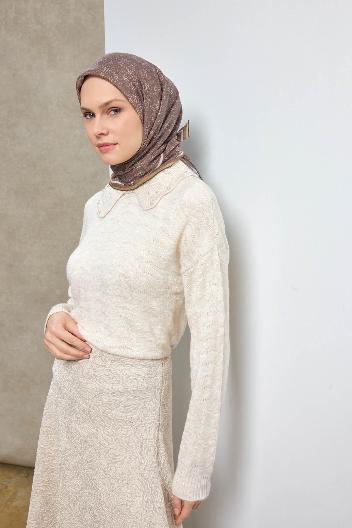 Tencel Monare Eşarp Geometrik Motif Desen Koyu Vizon 90X90