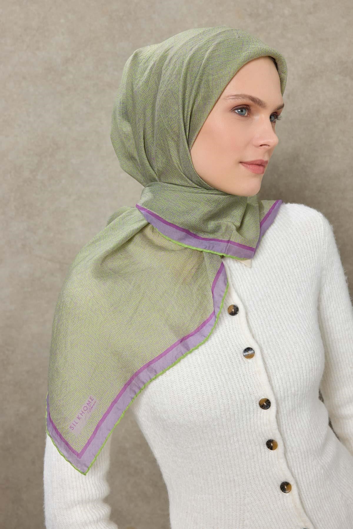 Tencel Monare Eşarp Labirent Desen Yeşil 90X90