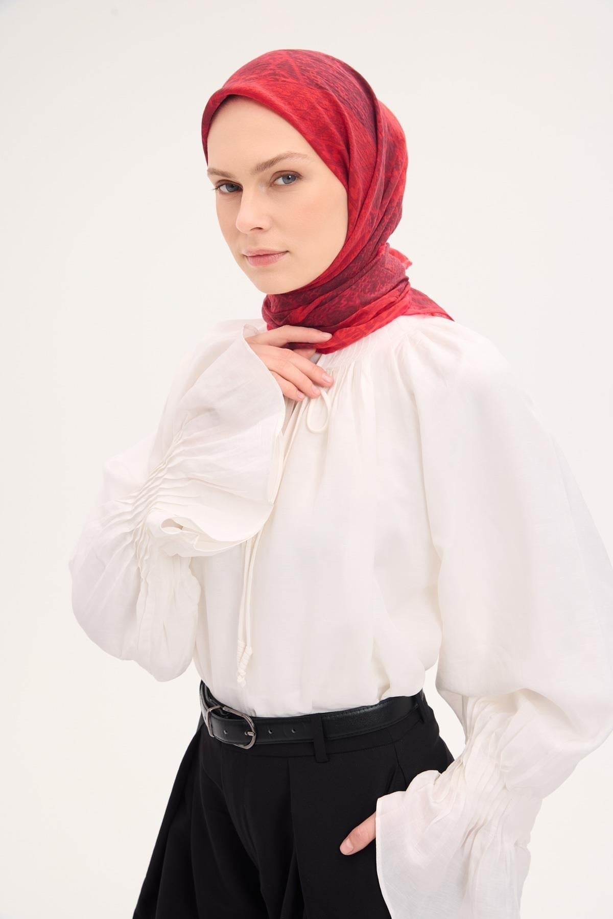 Tencel Monare Eşarp Osmanlı Desen Kırmızı 90X90