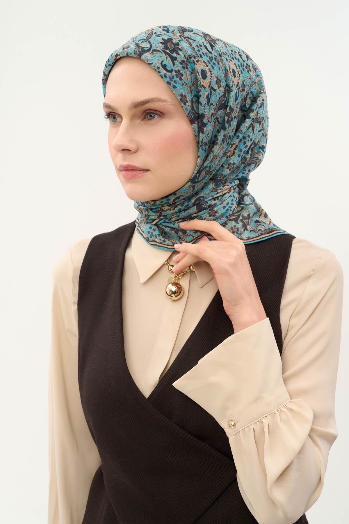 Tencel Monare Eşarp Papatya Desen Gök Mavi 90X90