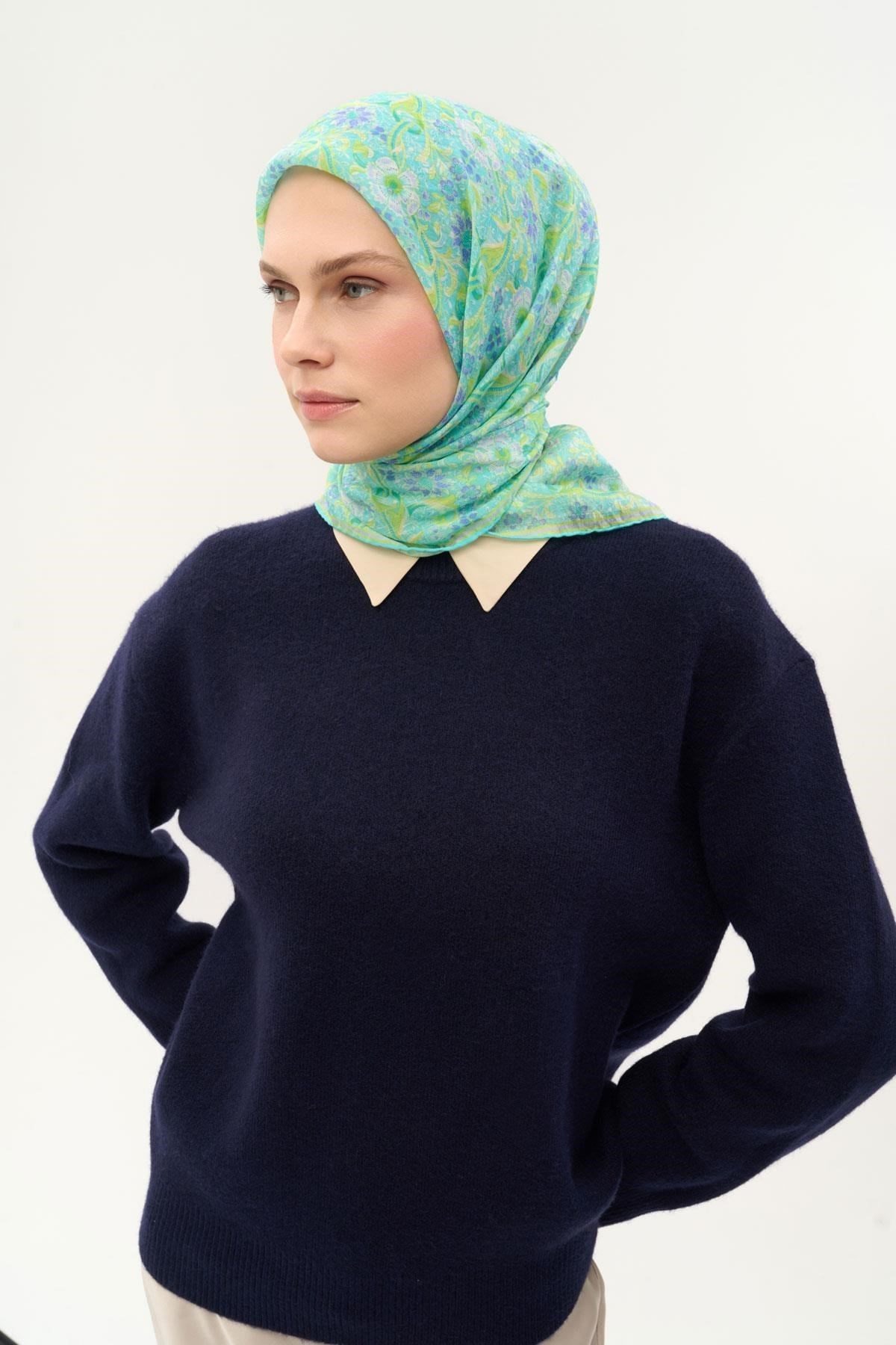 Tencel Monare Eşarp Papatya Desen Turkuaz 90X90