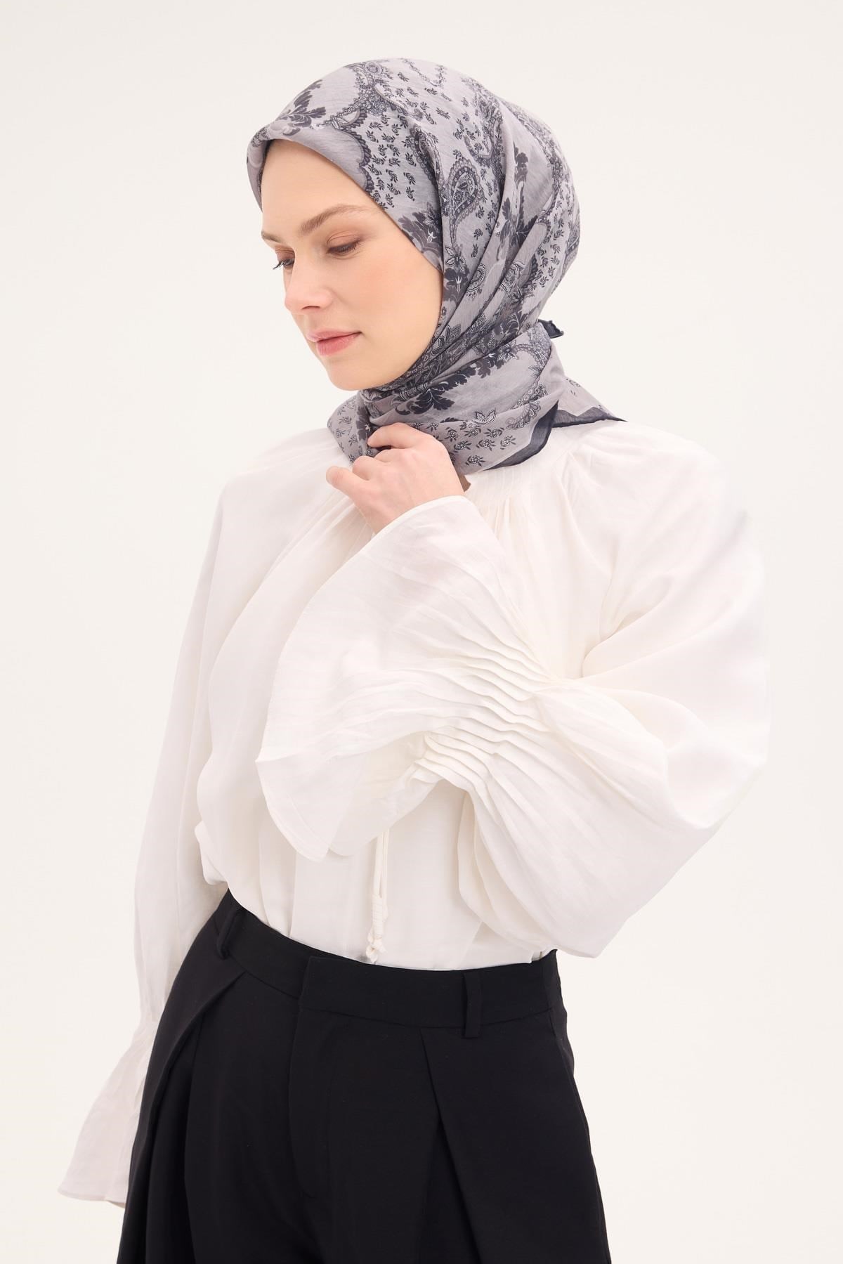 Tencel Monare Eşarp Şal Desen Açık Gri 90x90