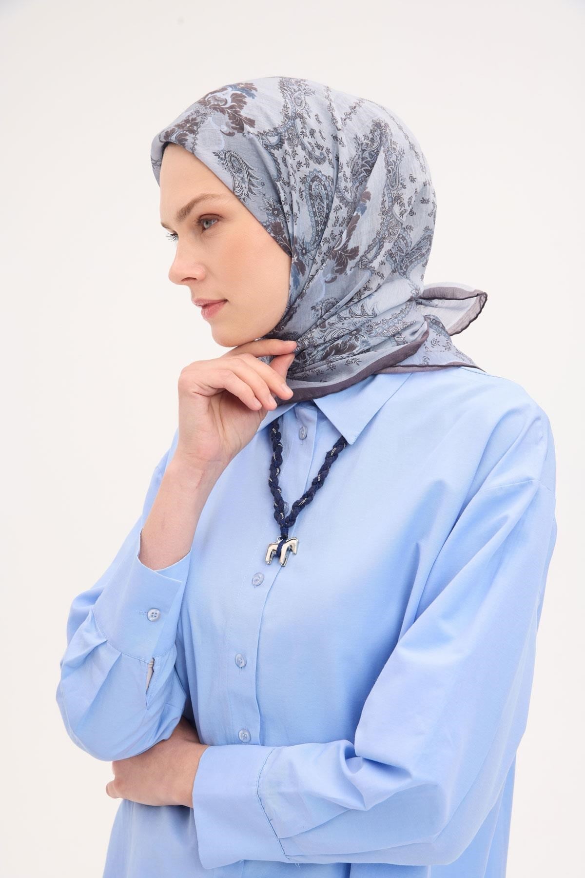 Tencel Monare Eşarp Şal Desen Buz Mavi 90x90
