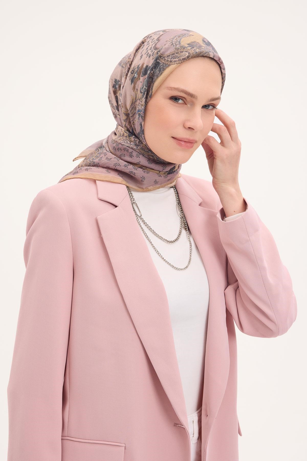 Tencel Monare Eşarp Şal Desen Soluk Lila 90x90