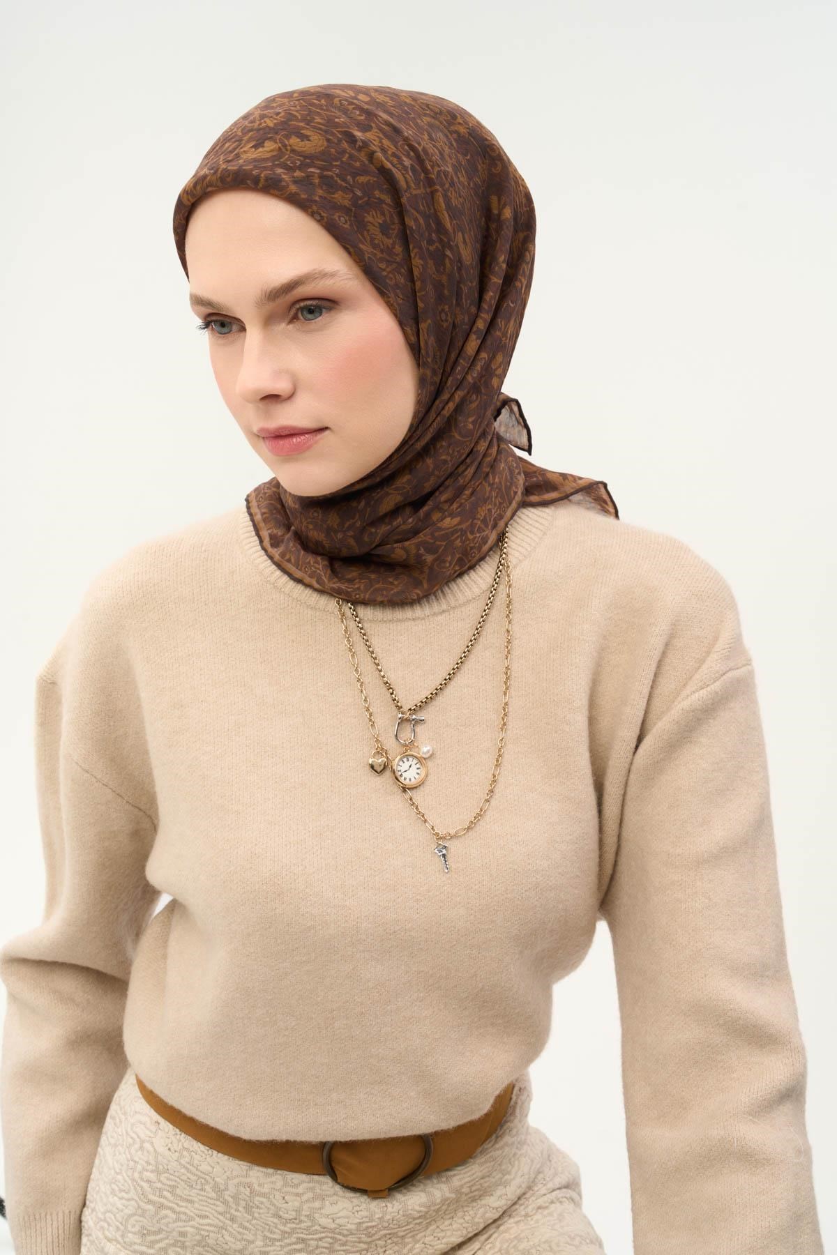 Tencel Monare Eşarp Saray Baharı Desen Acı Kahve 90X90