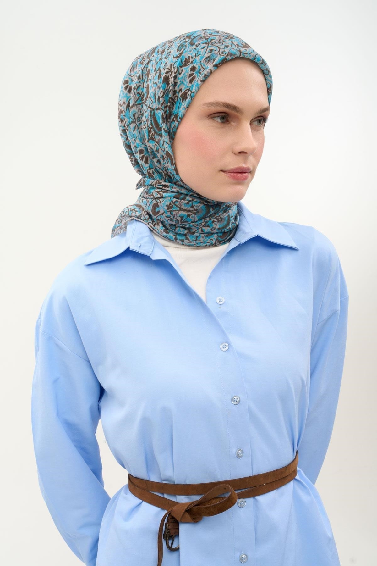 Tencel Monare Eşarp Saray Baharı Desen Gök Mavi 90X90