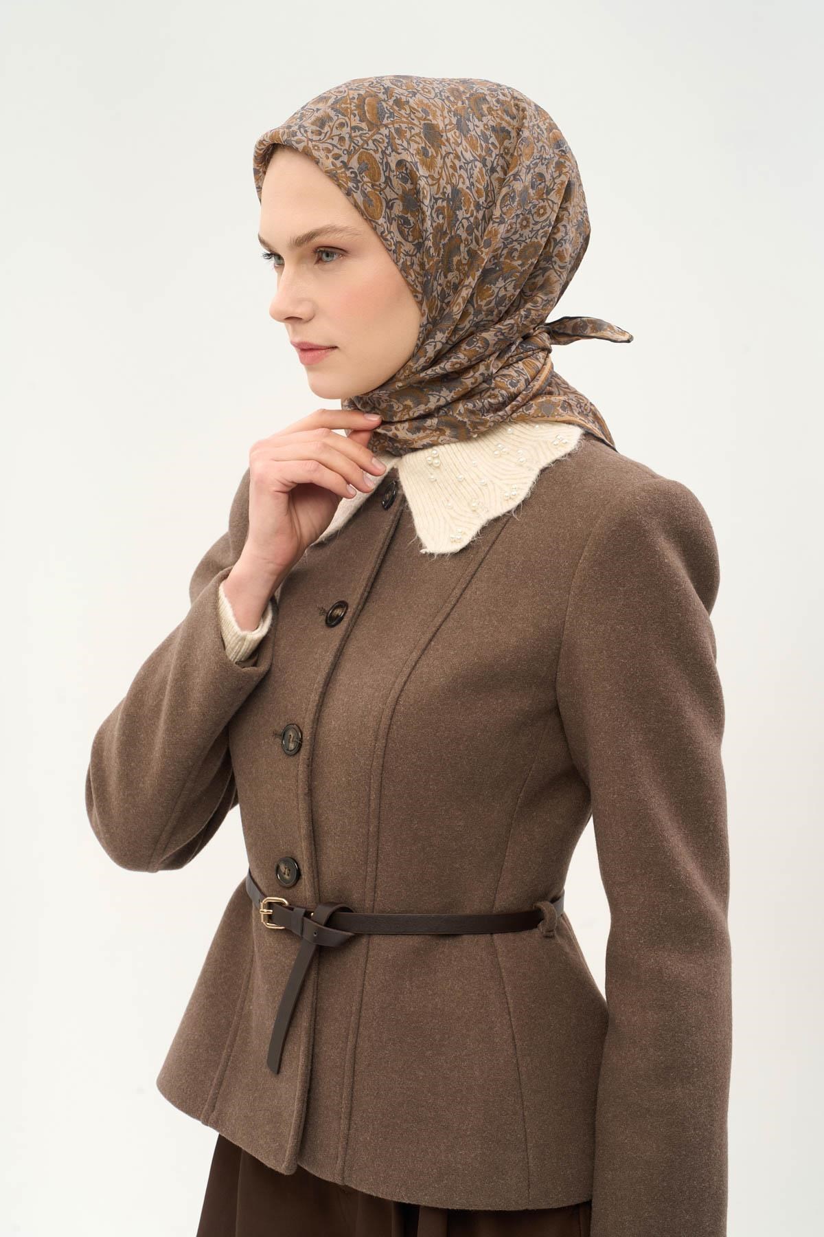 Tencel Monare Eşarp Saray Baharı Desen Uçuk Vizon 90X90
