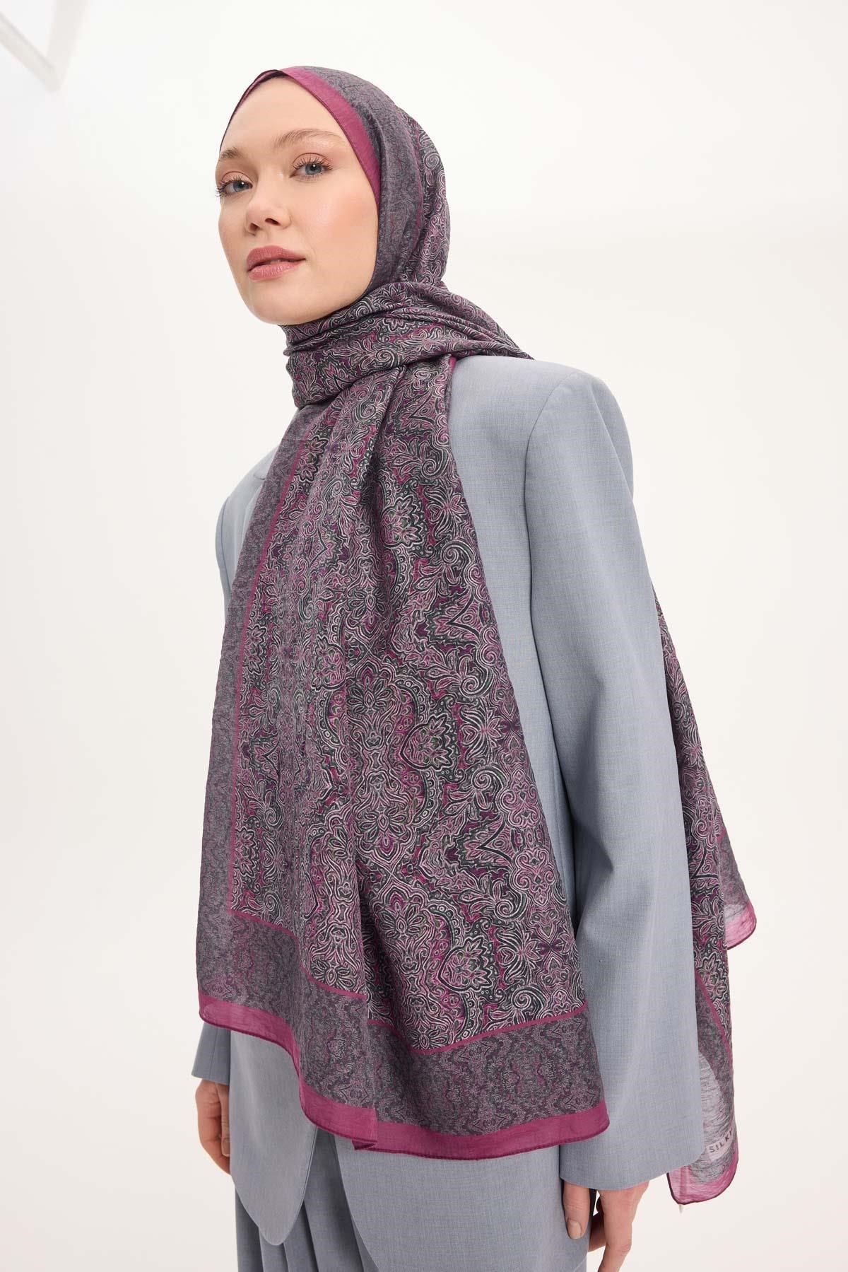 Tencel Monare Şal Fuşya Etnik Desen 75x195