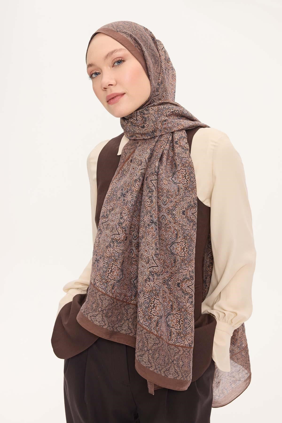 Tencel Monare Şal Kahverengi Etnik Desen 75x195