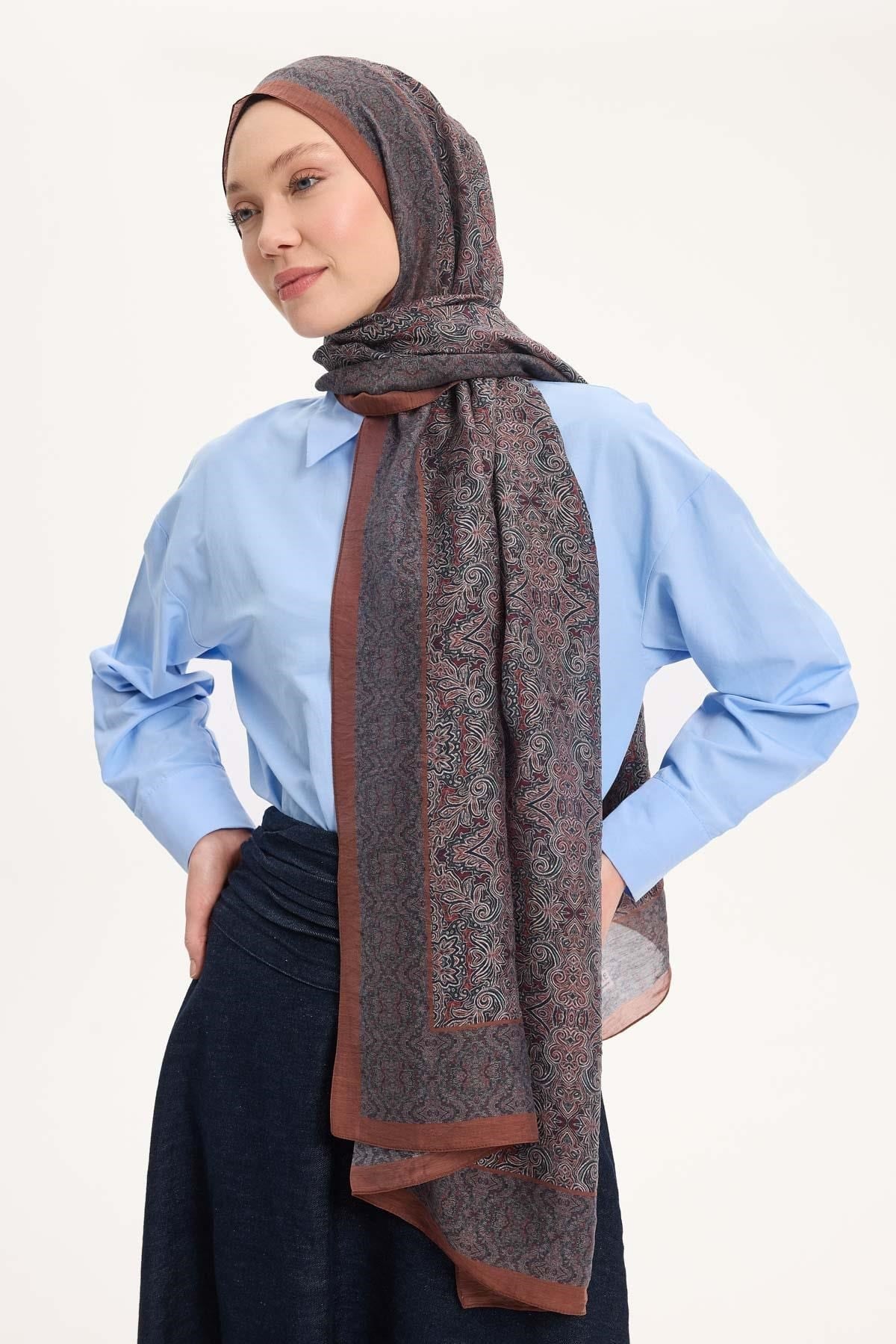 Tencel Monare Şal Kiremit Etnik Desen 75x195