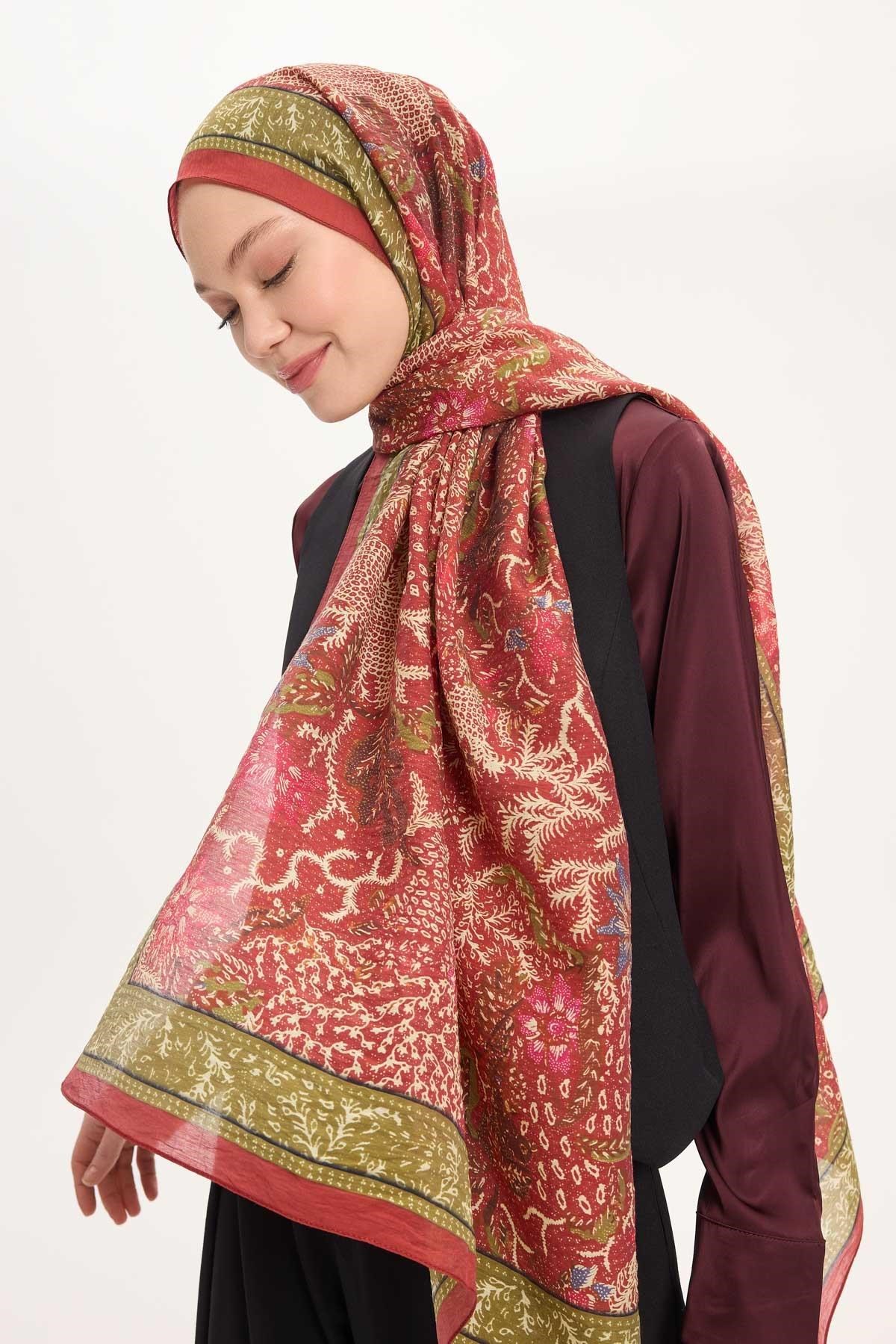 Tencel Monare Şal Kiremit Kırmızı Vintage Botanik Desen 75x195