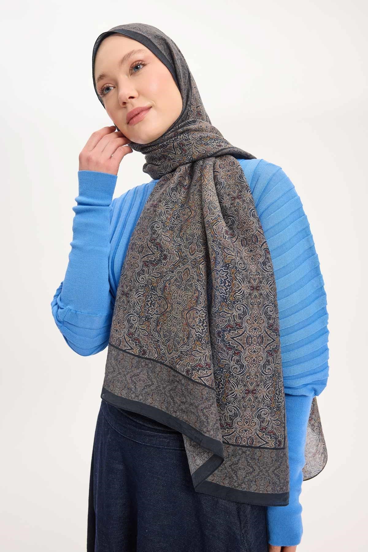 Tencel Monare Şal Koyu Antrasit Etnik Desen 75x195