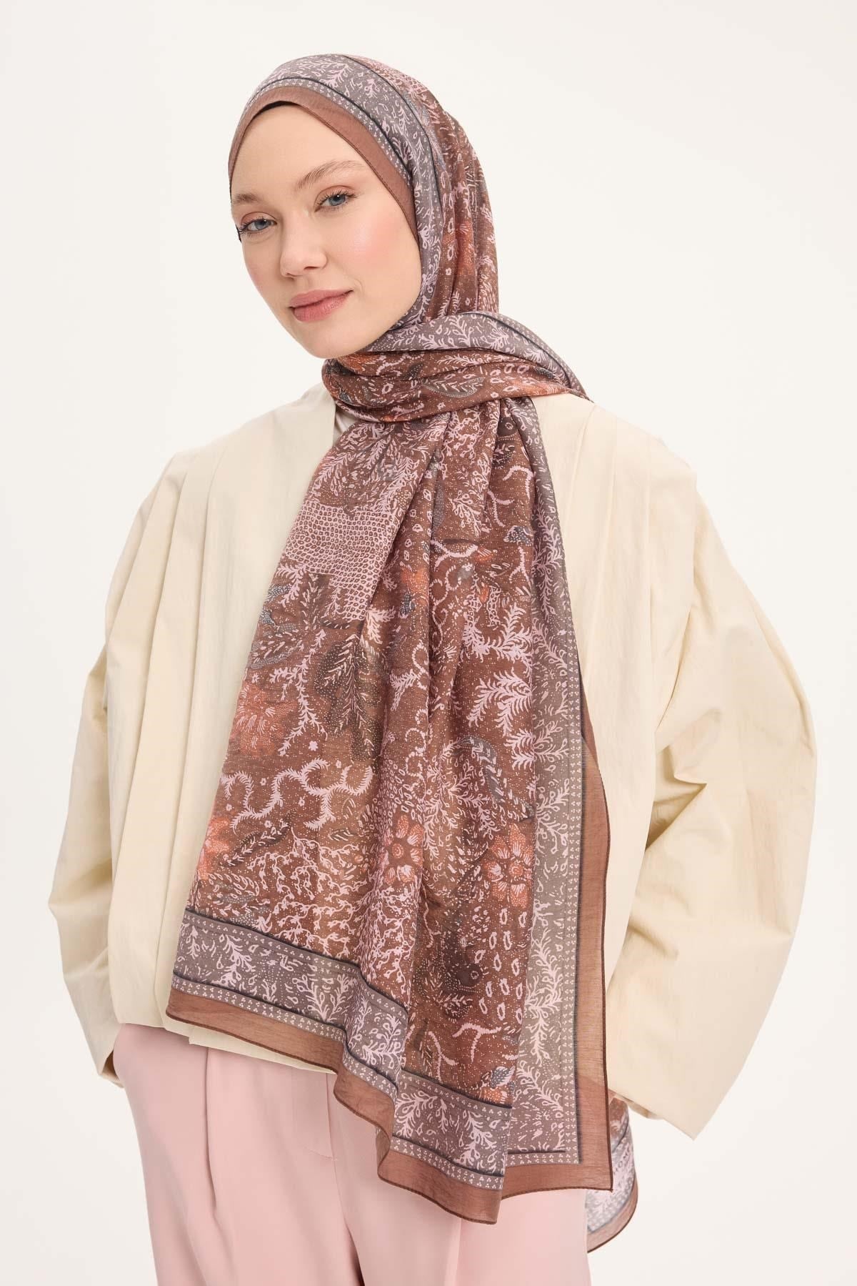 Tencel Monare Şal Mocha Mouse Vintage Botanik Desen 75x195