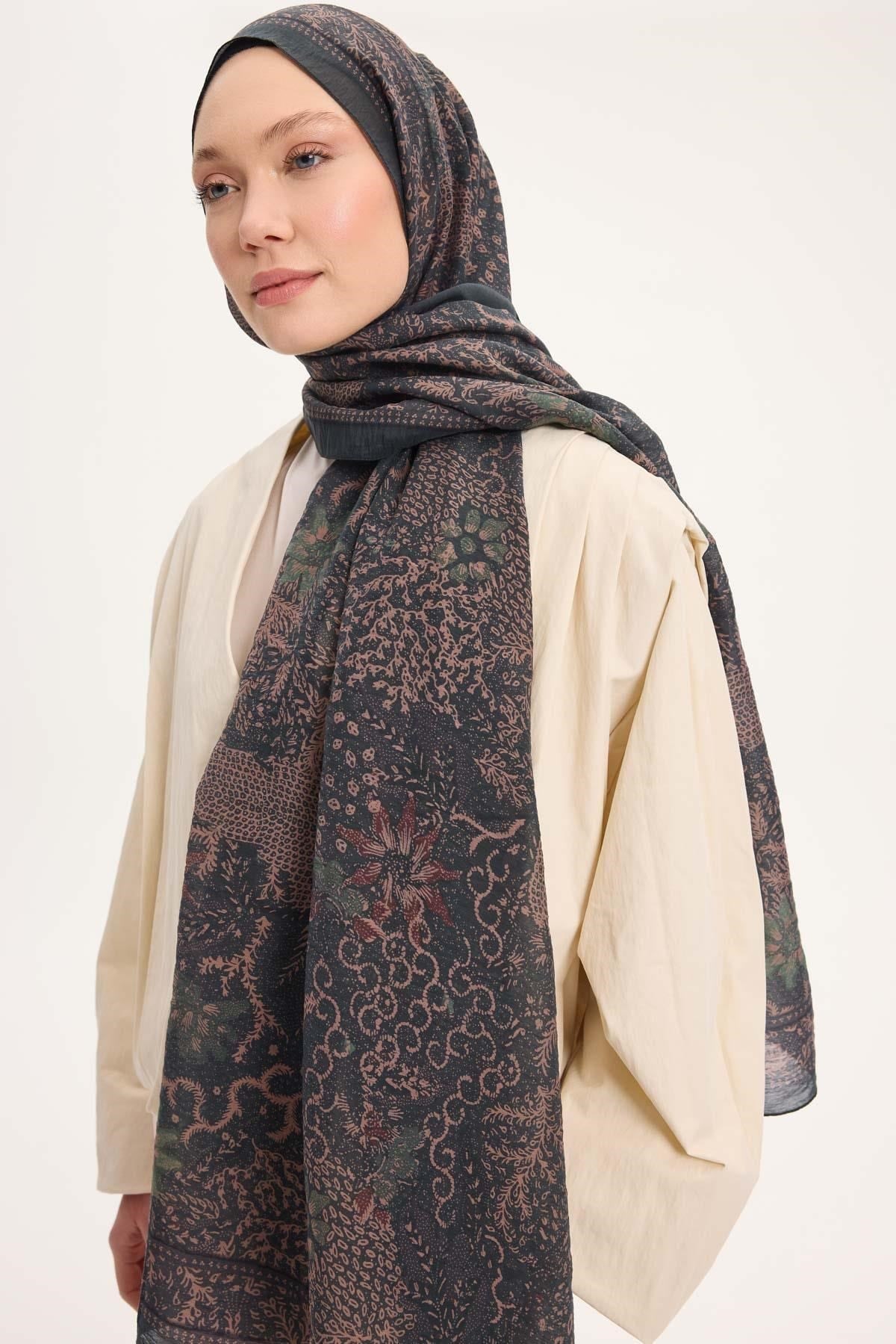 Tencel Monare Şal Petrol Yeşili Vintage Botanik Desen 75x195