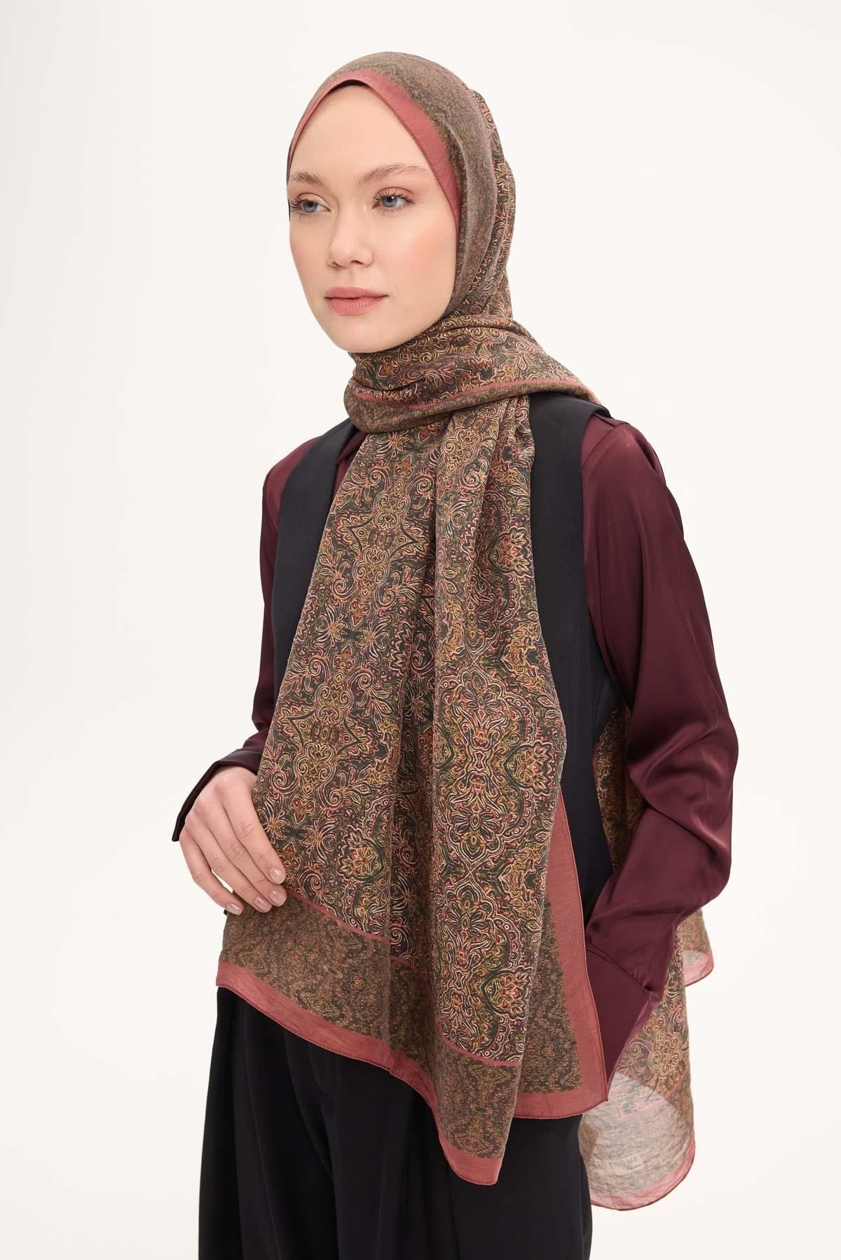 Tencel Monare Şal Soğan Kabuğu Rengi Etnik Desen 75x195
