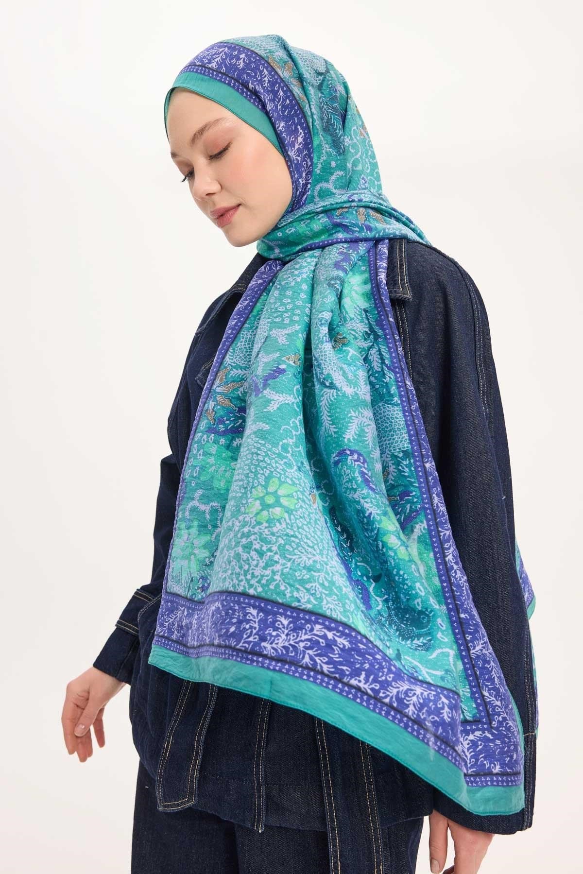 Tencel Monare Şal Turkuaz Vintage Botanik Desen 75x195