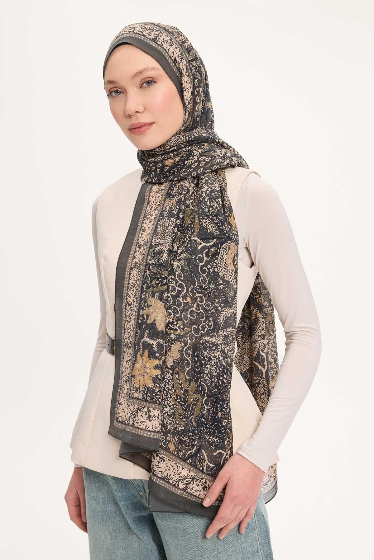 Tencel Monare Şal Zümrüt Vintage Botanik Desen 75x195