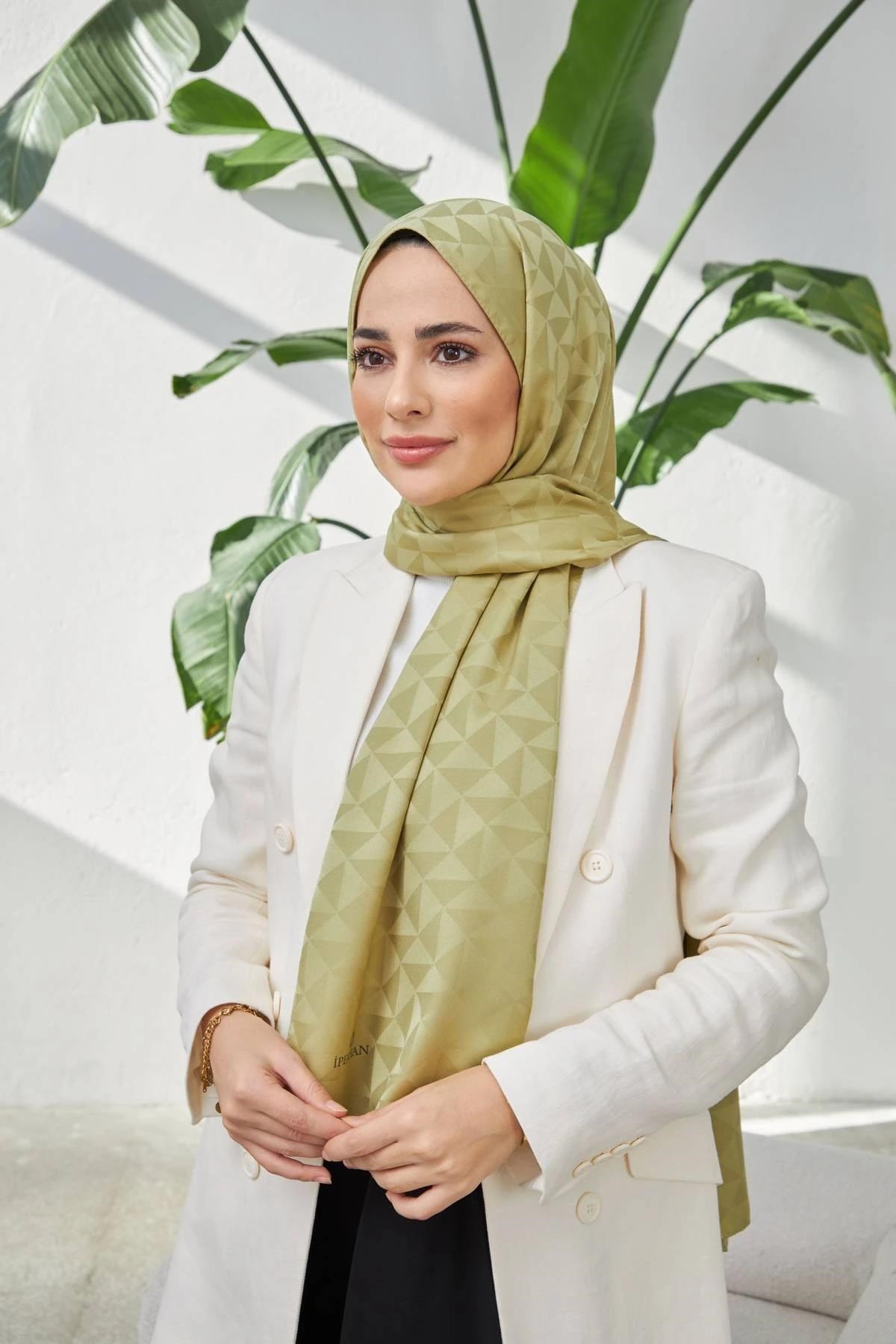 Triangle Desen İpeksi Jakar Şal Haki 9005-04