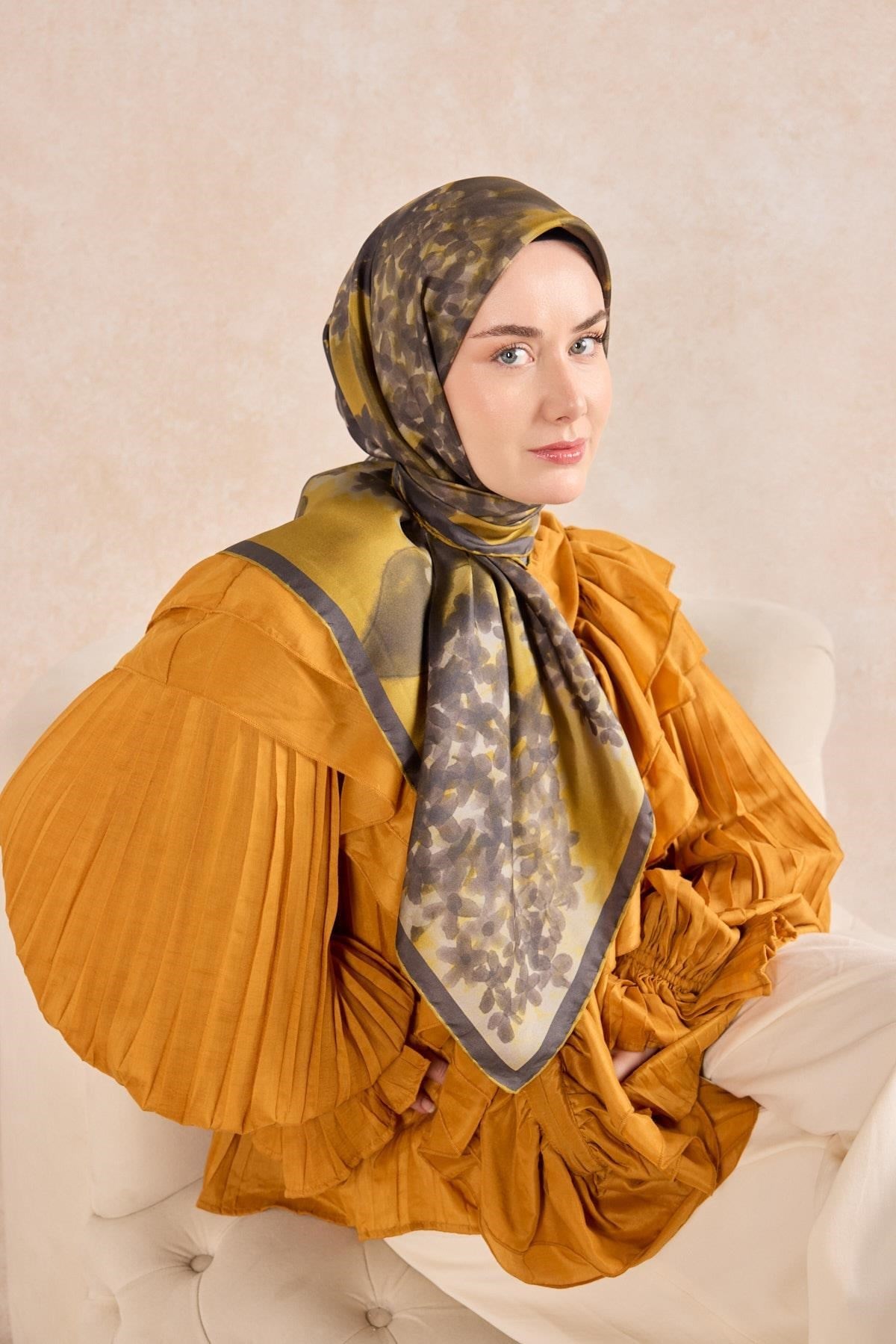 Twill İpek Bloom Eşarp Hardal 90x90