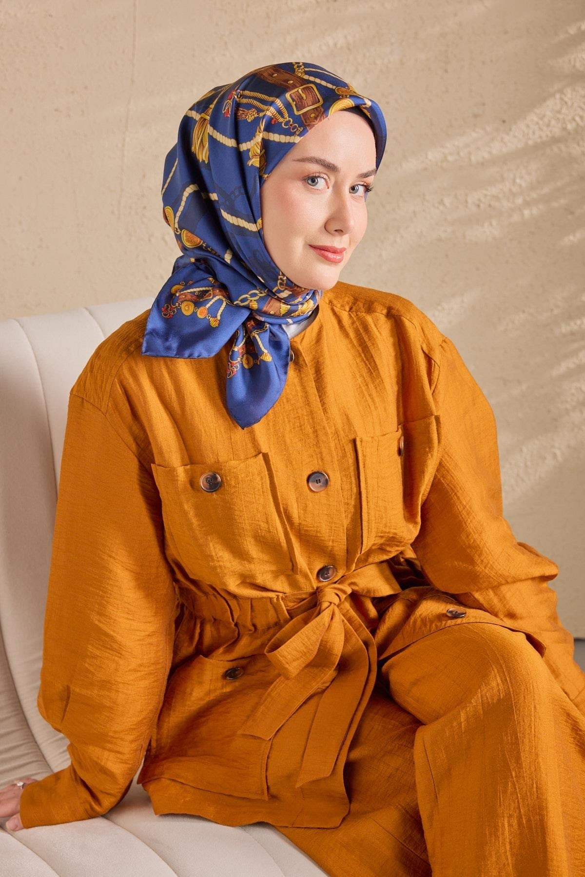 Twill İpek Detailed Belt Eşarp Mavi 90x90