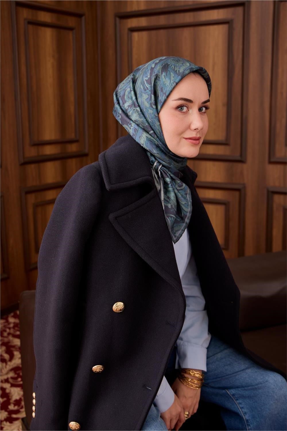Twill İpek Eşarp Antrasit-Sisli Yeşil Desenli Tok Duruşlu 90x90