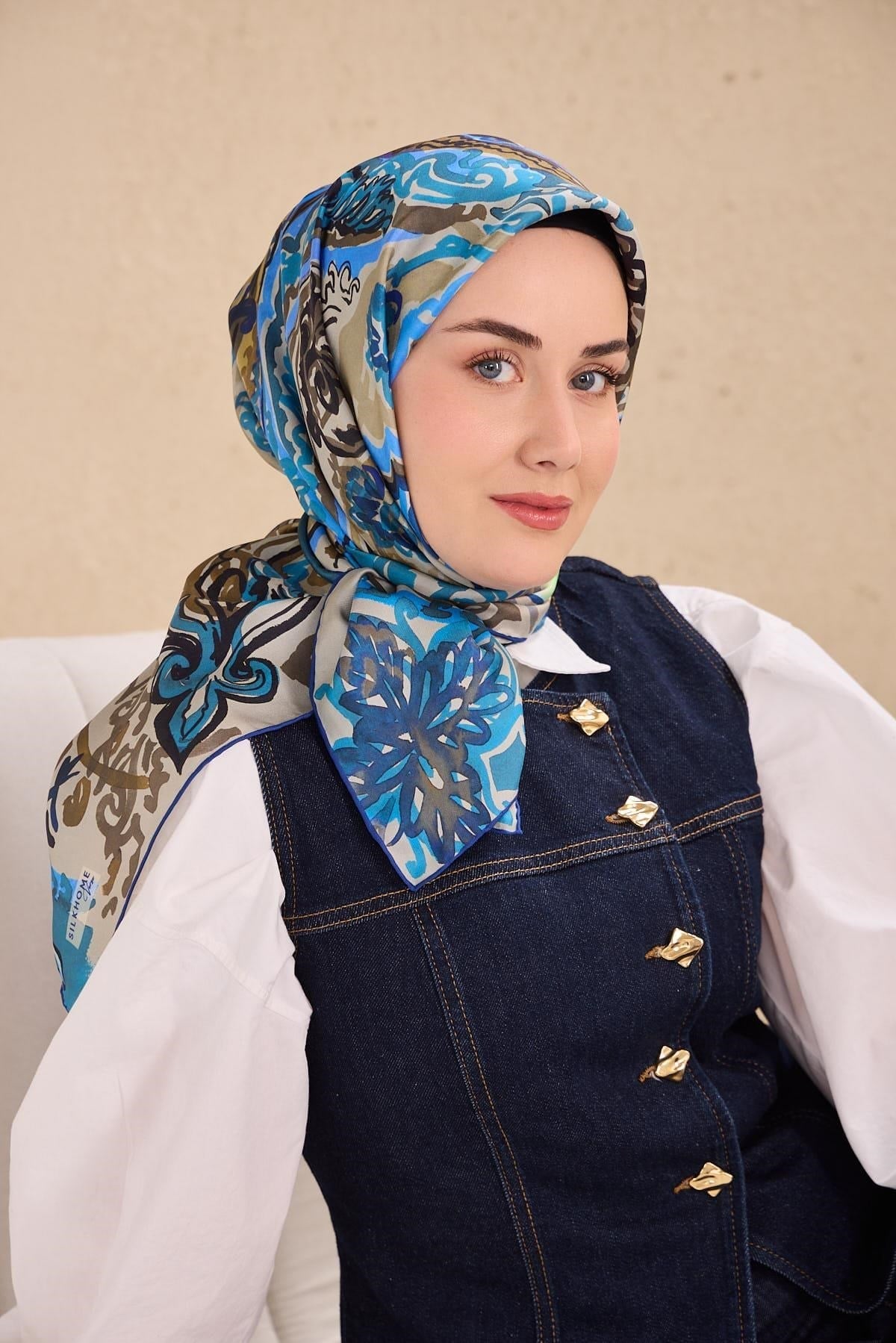 Twill İpek Eşarp Art Desen Petrol Mavi 90x90