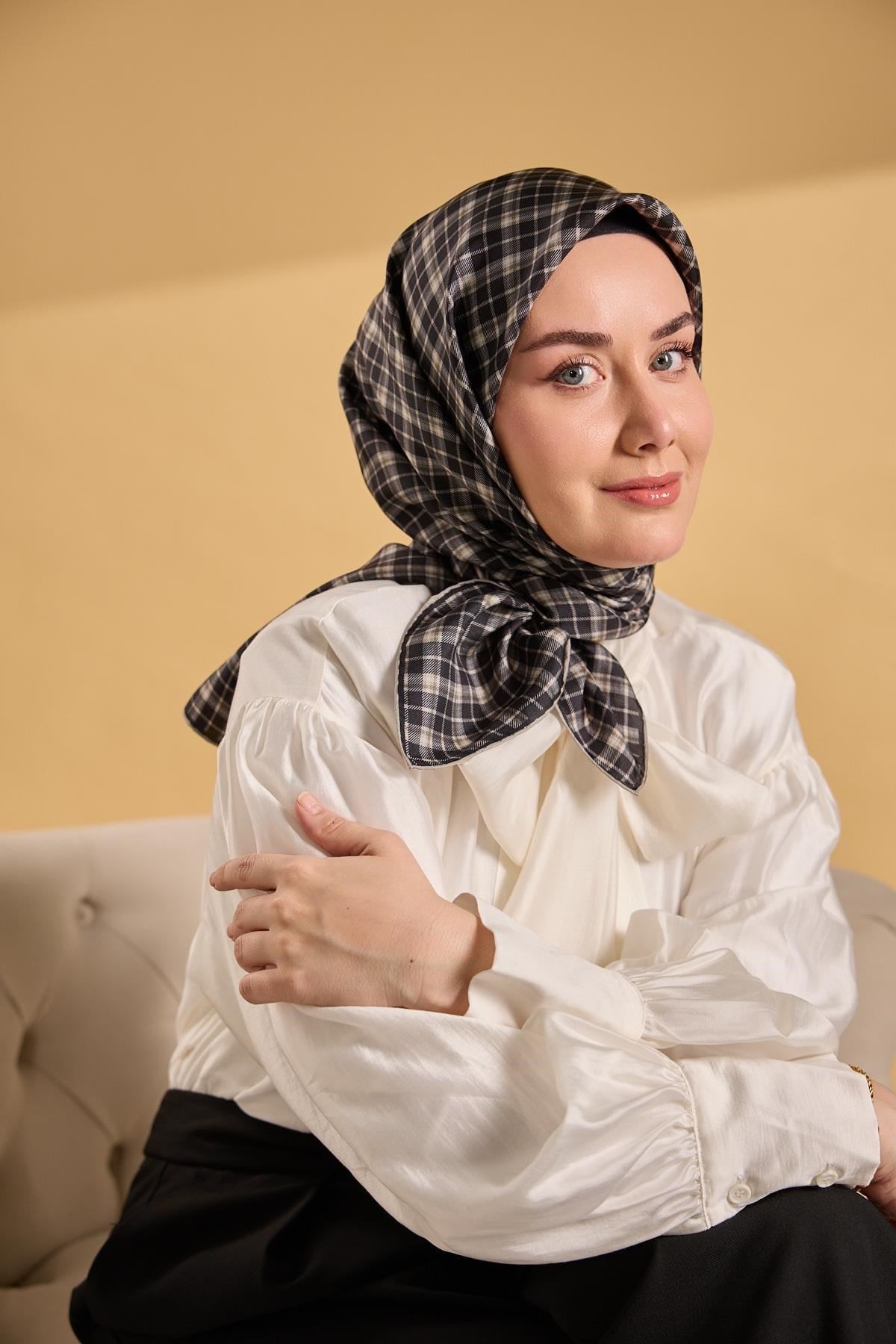 Twill İpek Eşarp Ekose Haki