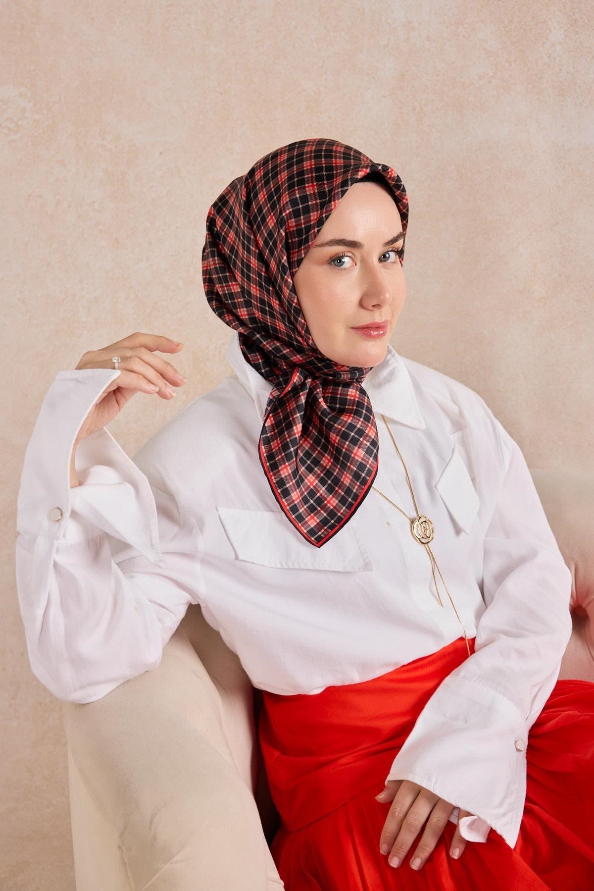 Twill İpek Eşarp Ekose Kırmızı